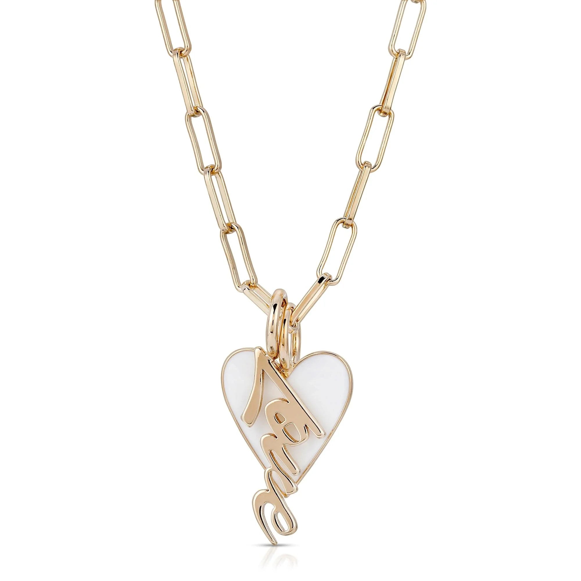 Leona Enamel Charm Necklace with elongated link chain and script pendant love