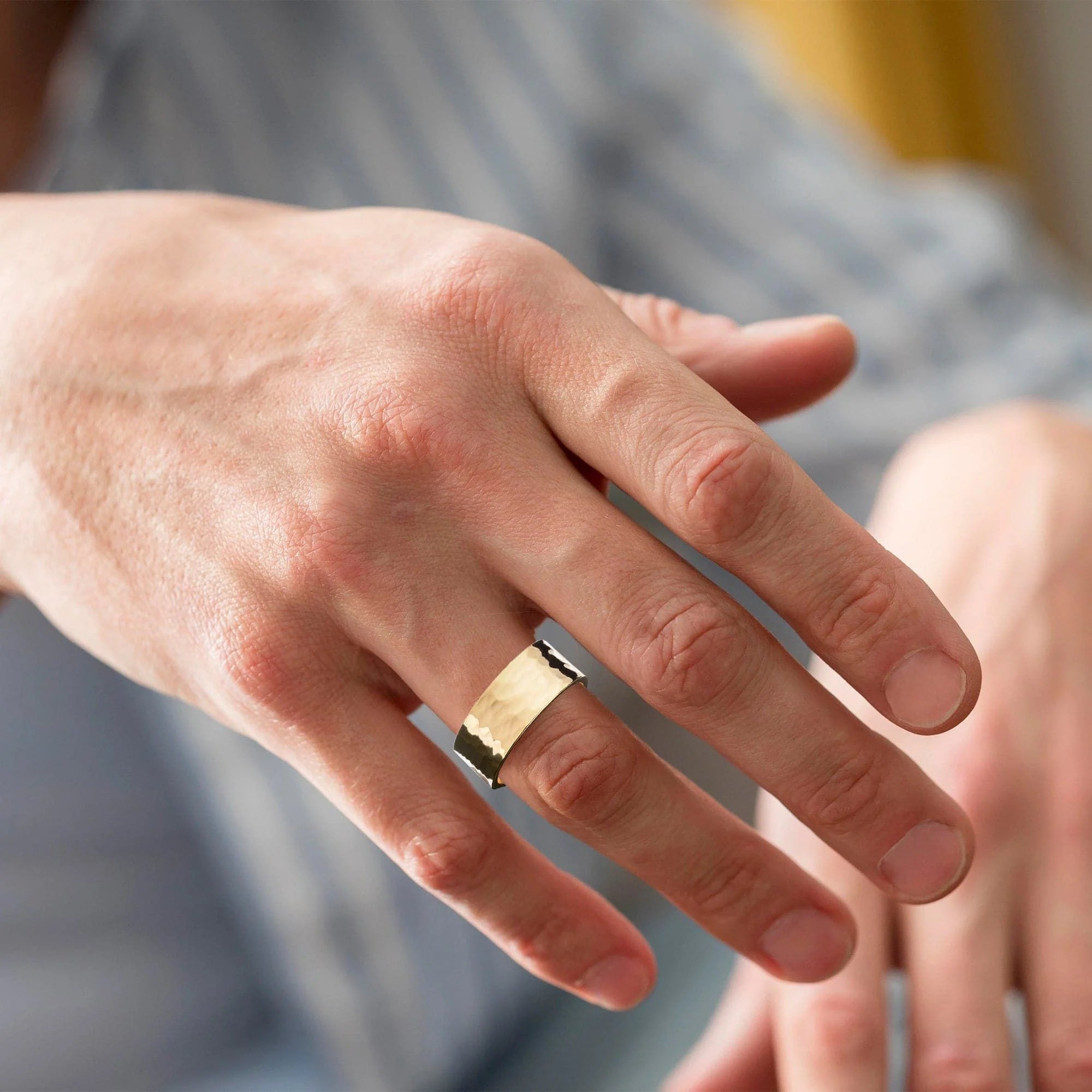 Gold hammered ring made from recycled brass, 9.5mm wide men’s jewelry accessory