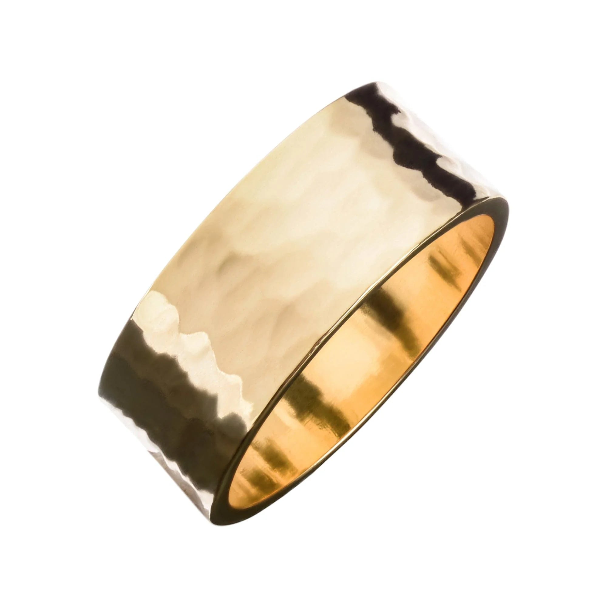 Men’s hammered-texture 9.5mm wide recycled brass ring with gold hammered texture
