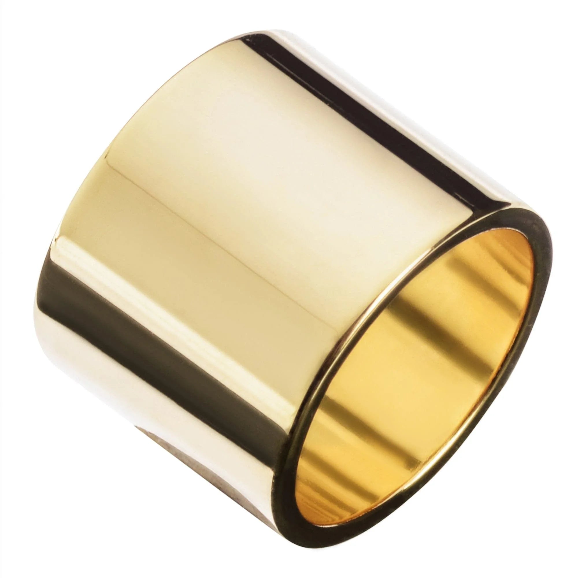 Polished gold men’s thick flat ring made from inch wide recycled brass, durable recycled brass ring