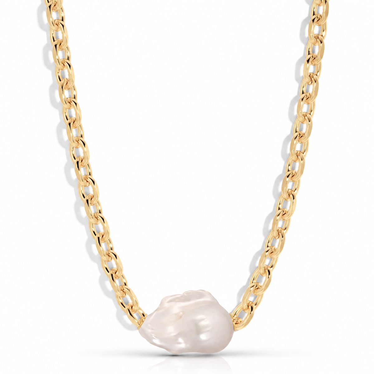Polly Pearl Necklace detail view showing pearl and chain finish