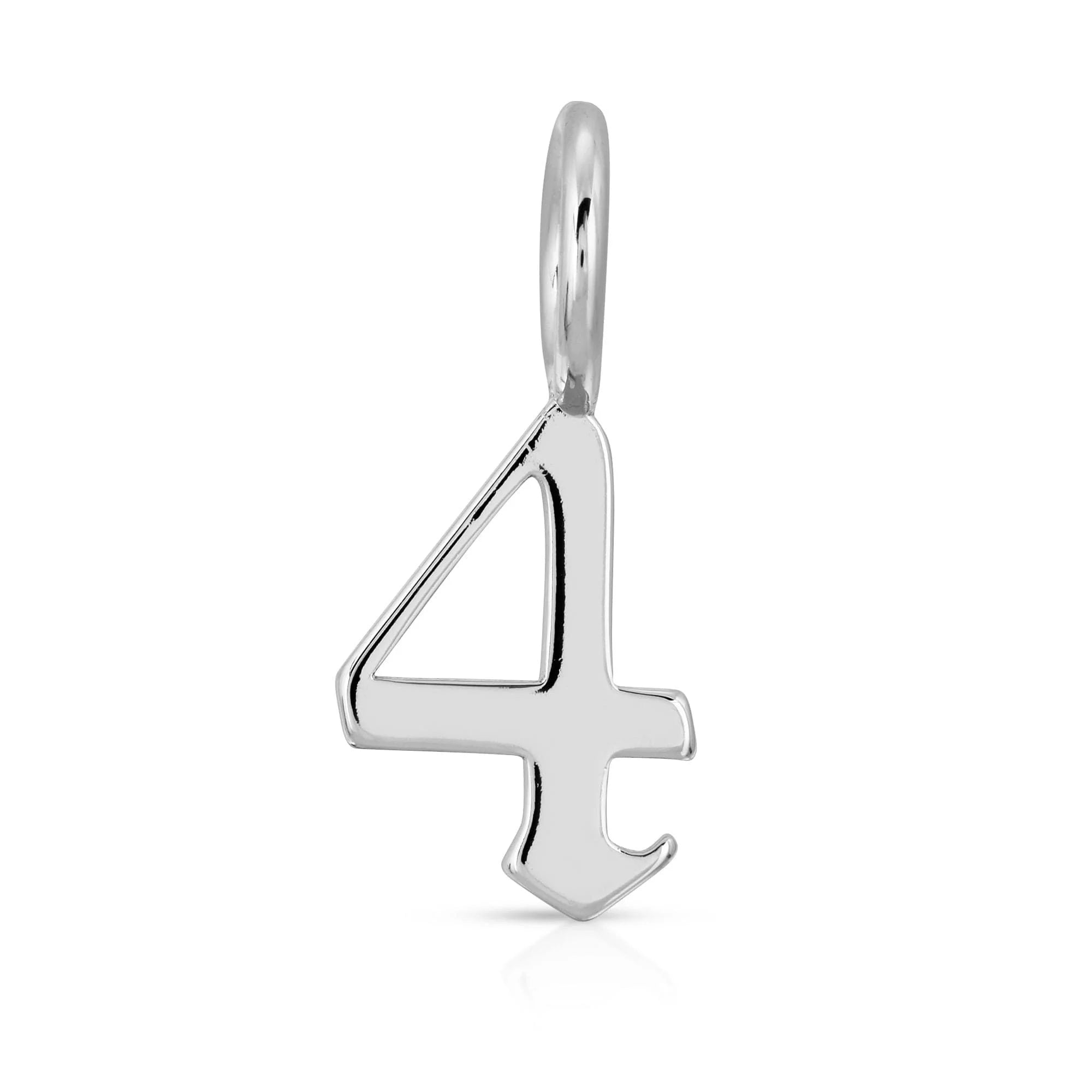 Silver number four pendant from Silver Gothic Numbers with recycled brass plated brass plated rhodium-silver finish