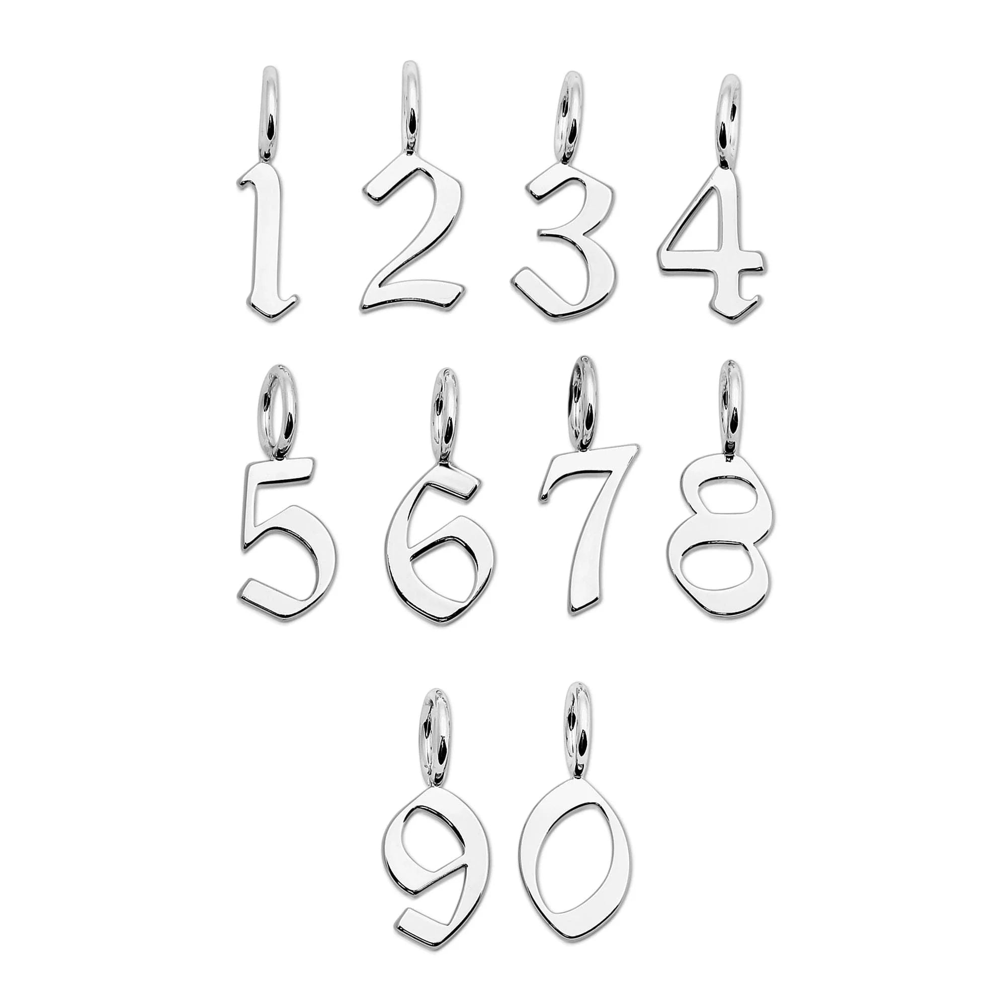 Silver Gothic Numbers pendant featuring recycled brass plated gothic number charms