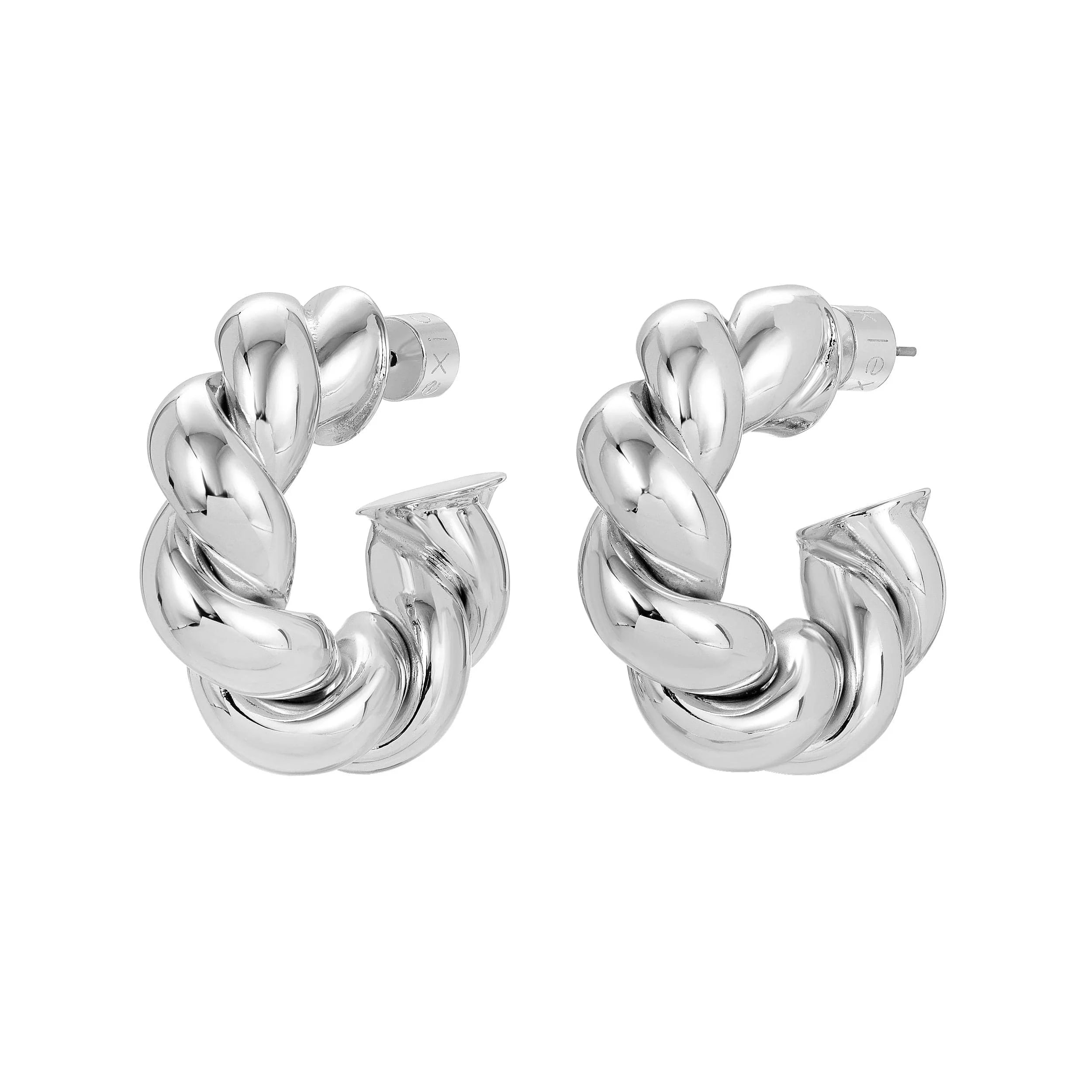 Tallulah Hoops made of recycled brass with rhodium-silver measurements and twisted design