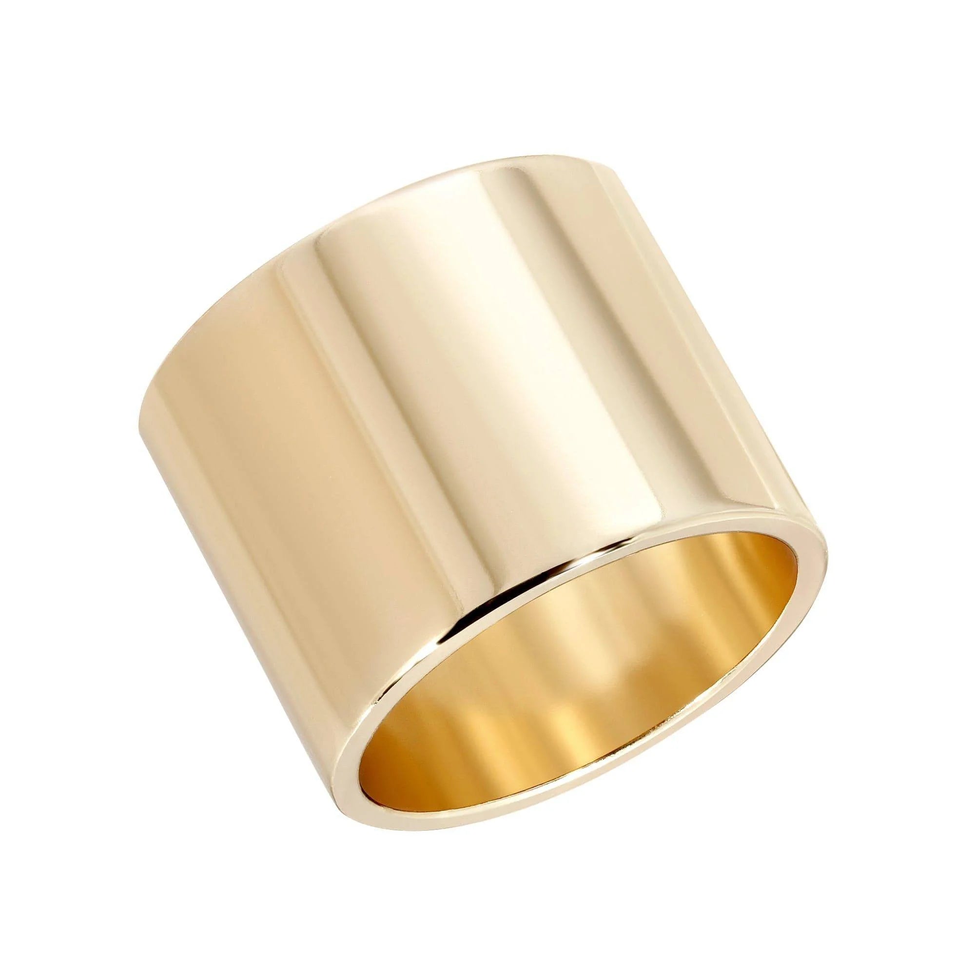 Wide polished gold ring with recycled brass plating as a statement piece with clear protective coating