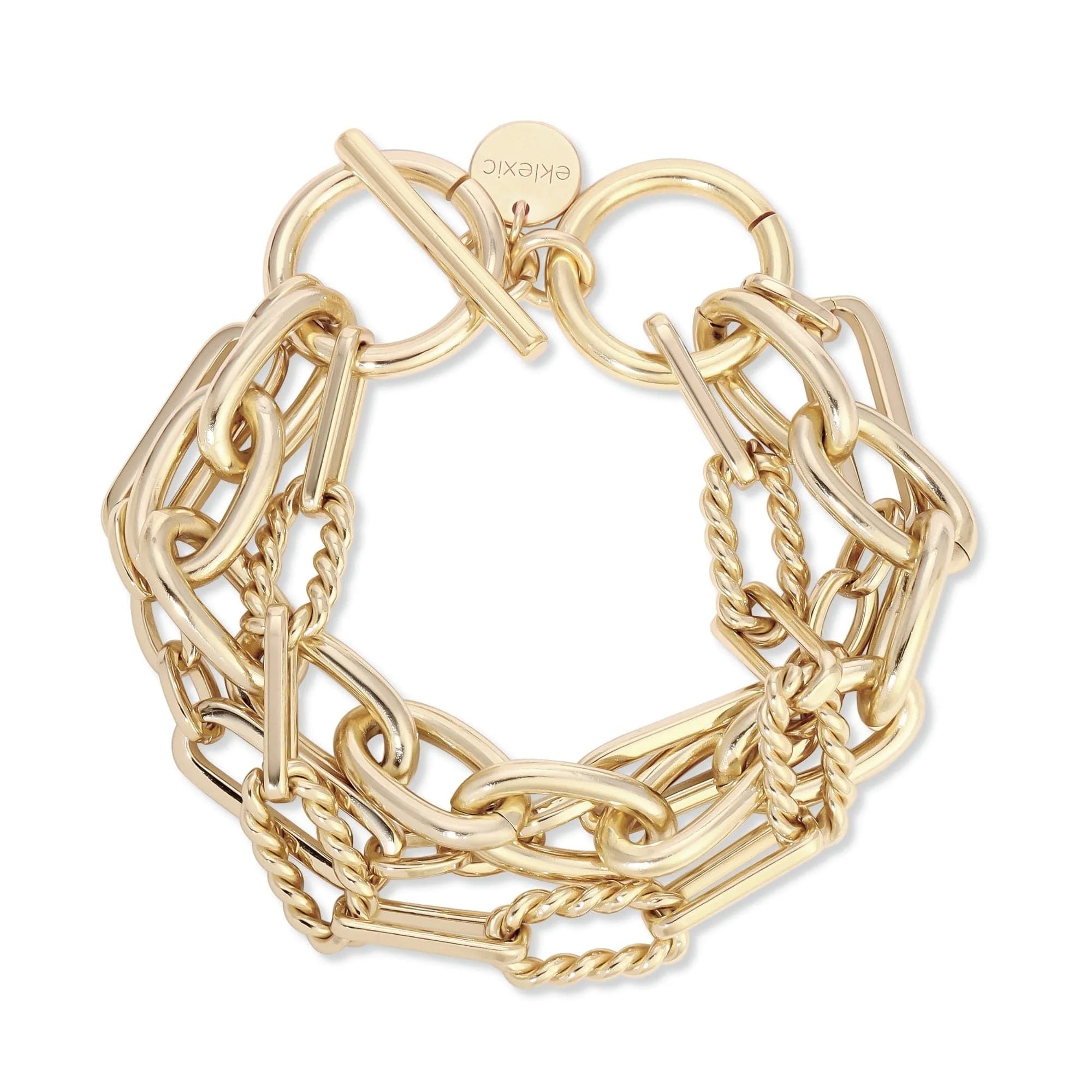 Gold-toned multi-strand chain bracelet with recycled brass finishes and rhodium plating by Enzo & Alana