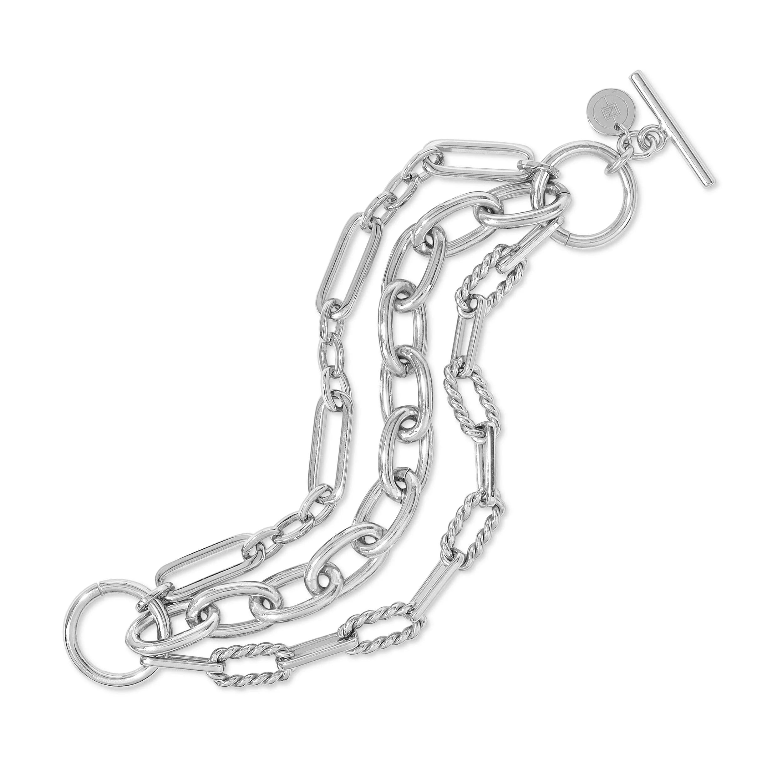 Silver multi-strand chain bracelet with recycled brass finishes and rhodium plating by Enzo & Alana
