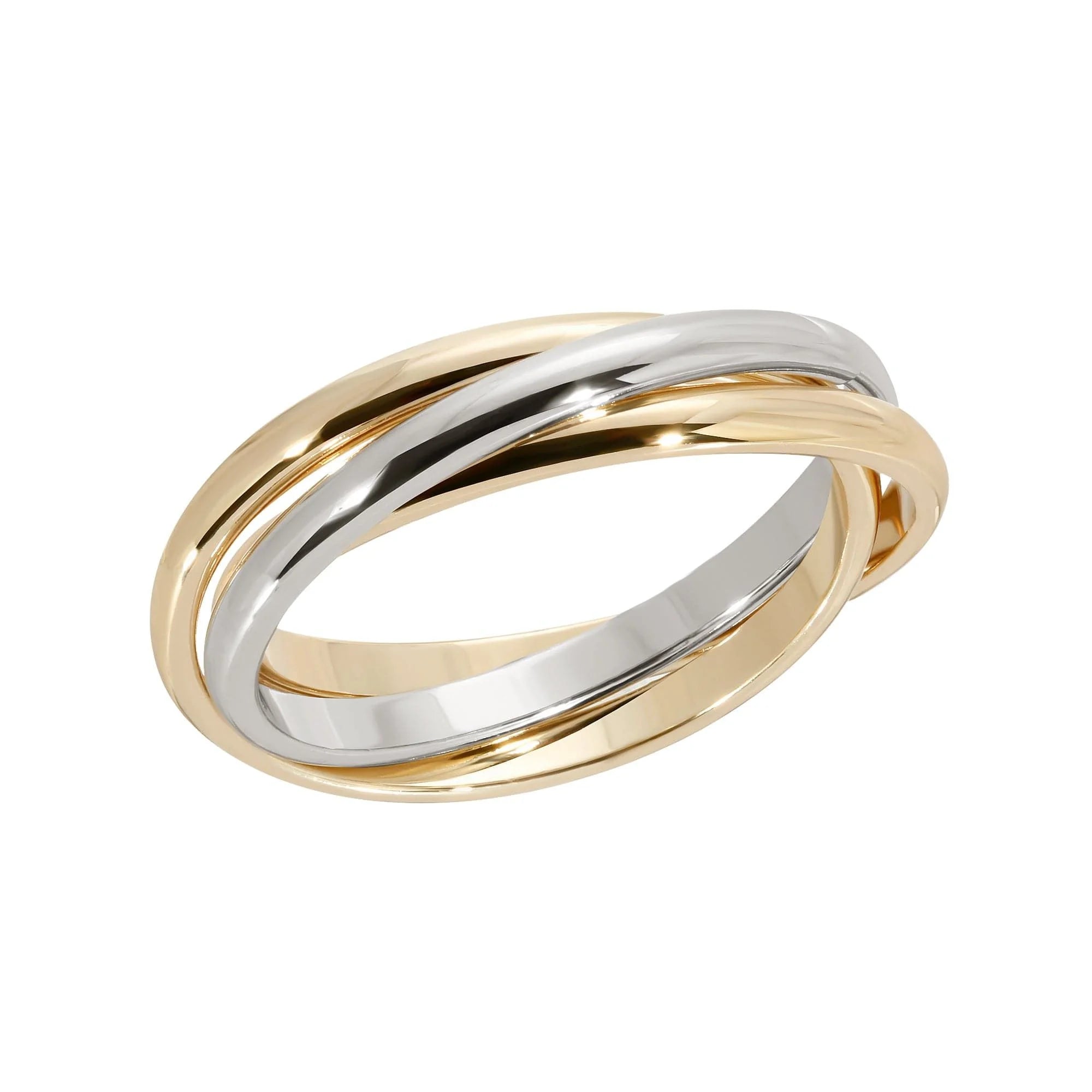 Interlocking gold and silver rings showcasing the Two Toned Triple Domed Roll Ring design