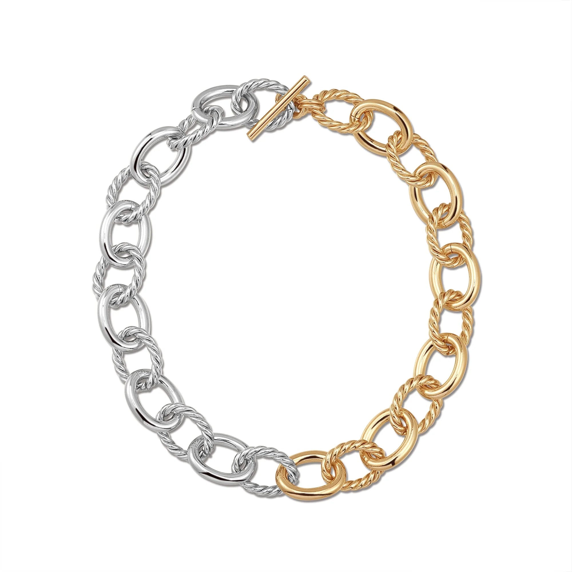 Two-tone chain bracelet featuring recycled brass and 14k gold alternating twisted links