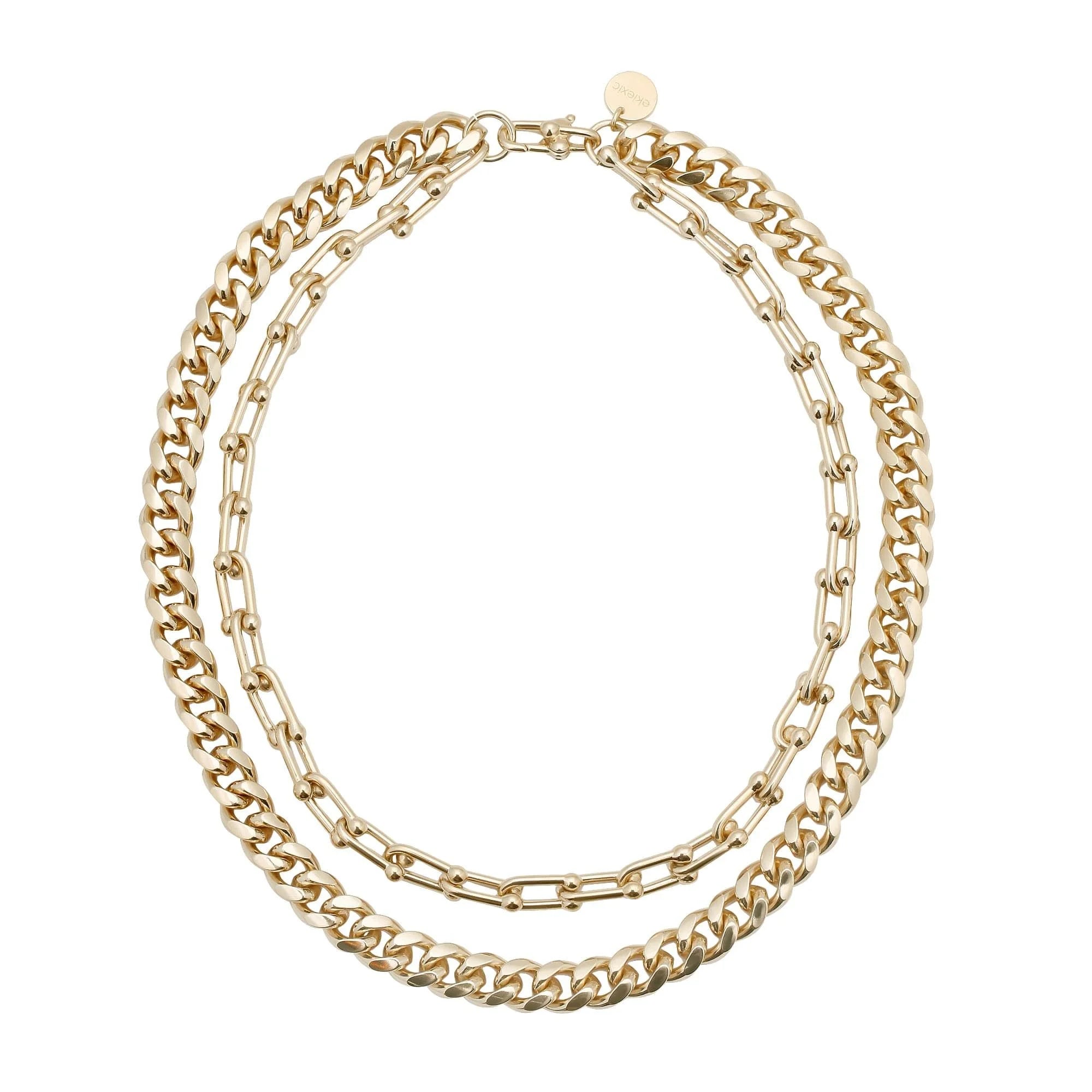 Gold-toned layered chain necklace with rounded curb chain and custom clasp for Violet Necklace