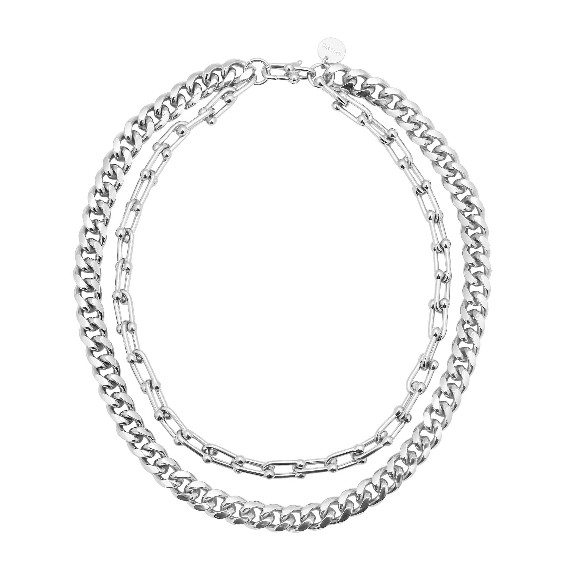 Silver double-strand chain necklace with rounded curb chain and custom clasp for Violet Necklace