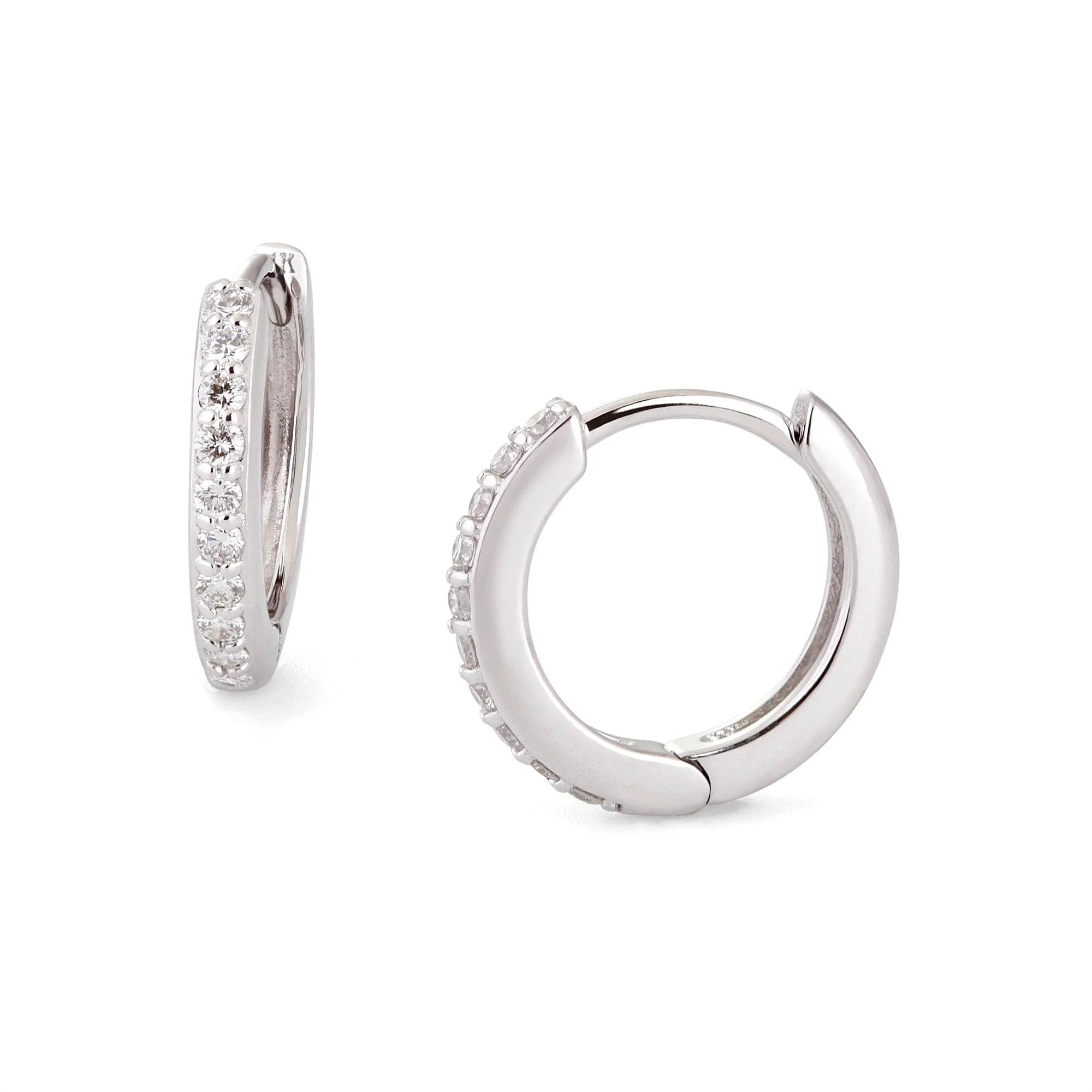 Silver hoop earrings with embedded crystals in 14k white gold fine jewelry, custom made