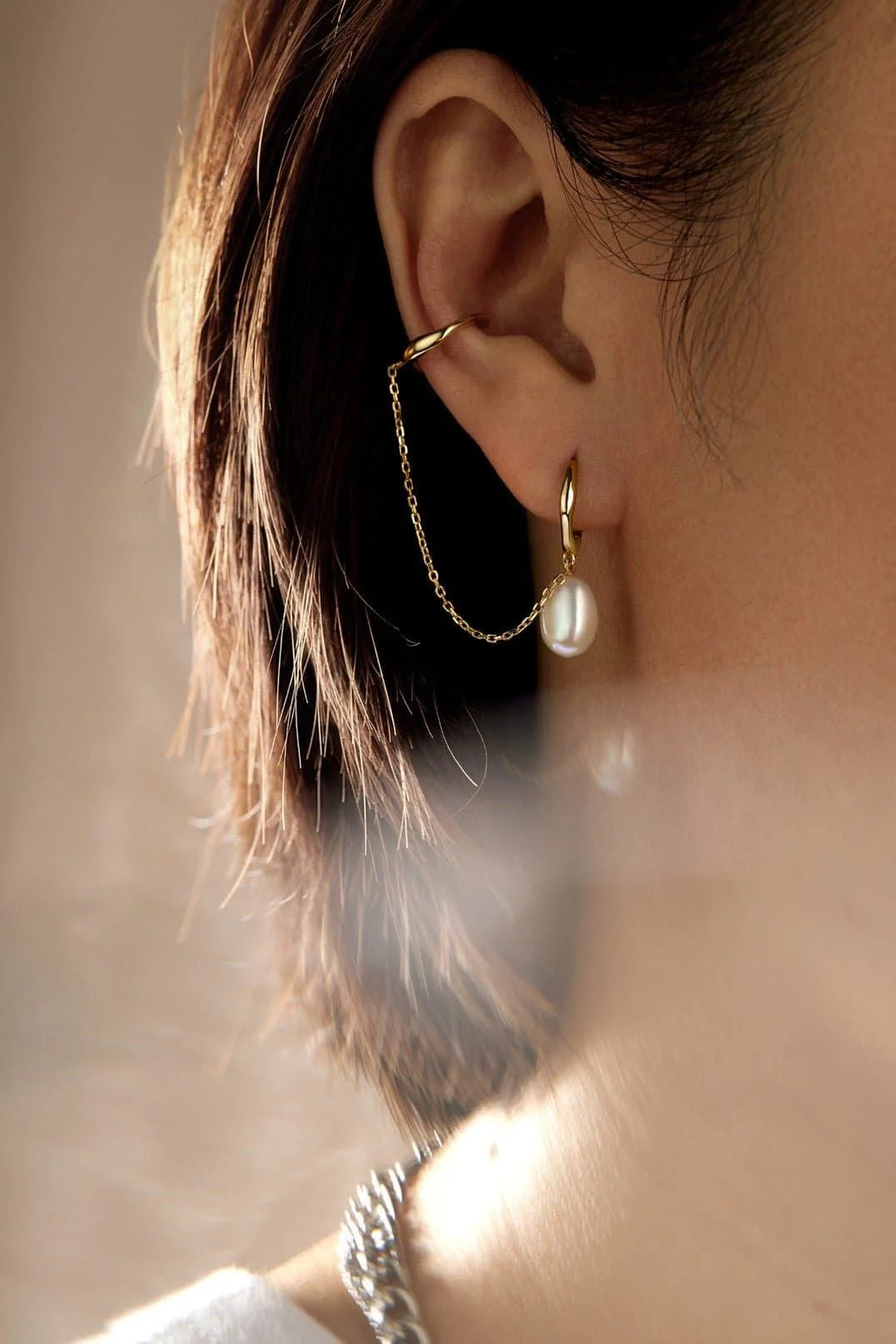 14K Gold Vermeil Ear Cuff with Pearl Drop and Gold Vermeil Hoop Opening 5mm