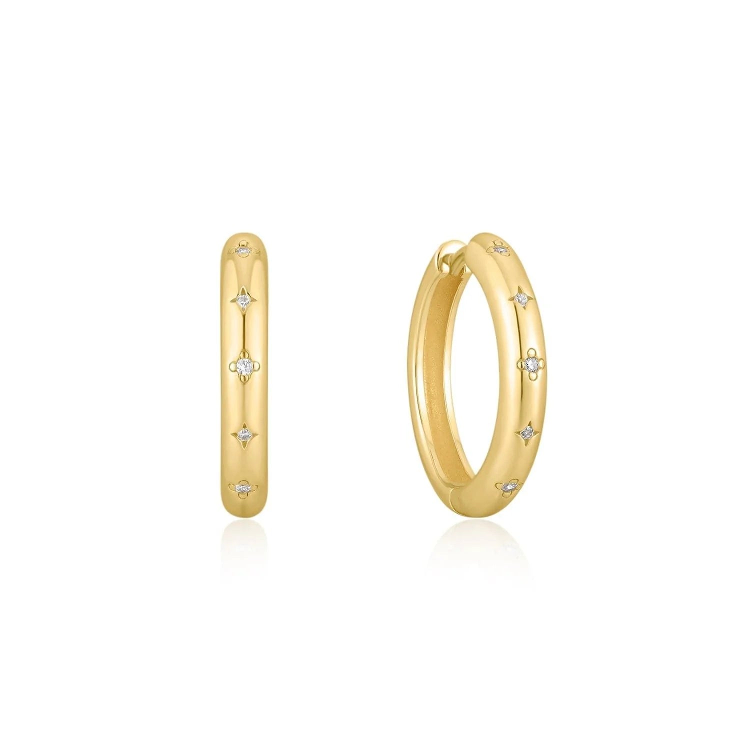14k gold plated sterling silver 15mm CZ Galaxy Huggie Hoops with diamond accents