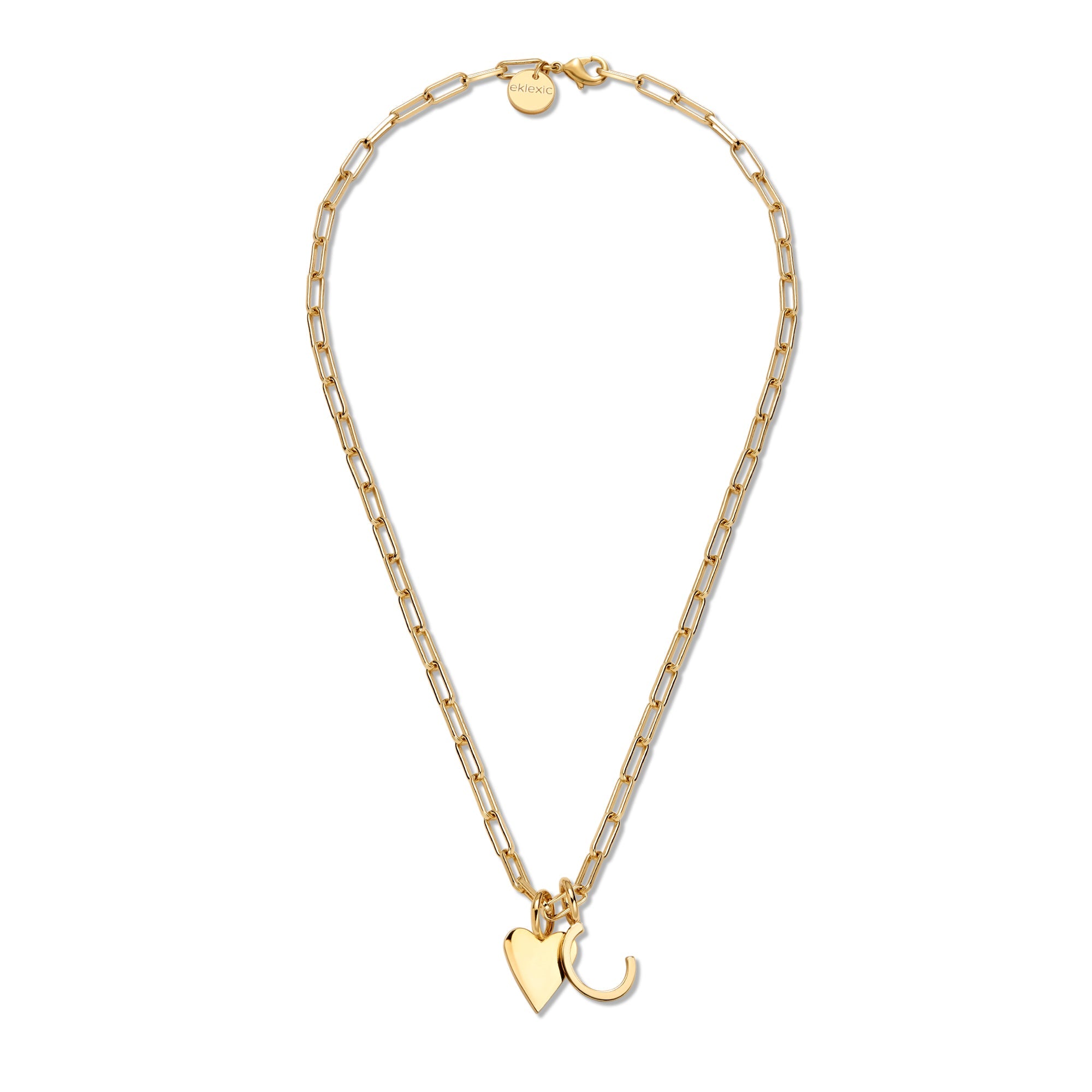 Gold-plated paper clip chain necklace with heart and initial C charms for Cara Charm Necklace