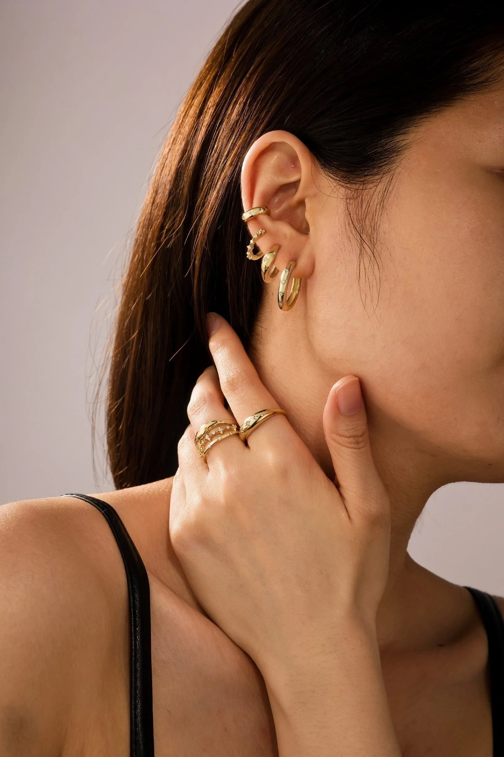 Gold-toned jewelry 8.5mm Chunky CZ Galaxy Huggie Hoops in sterling silver