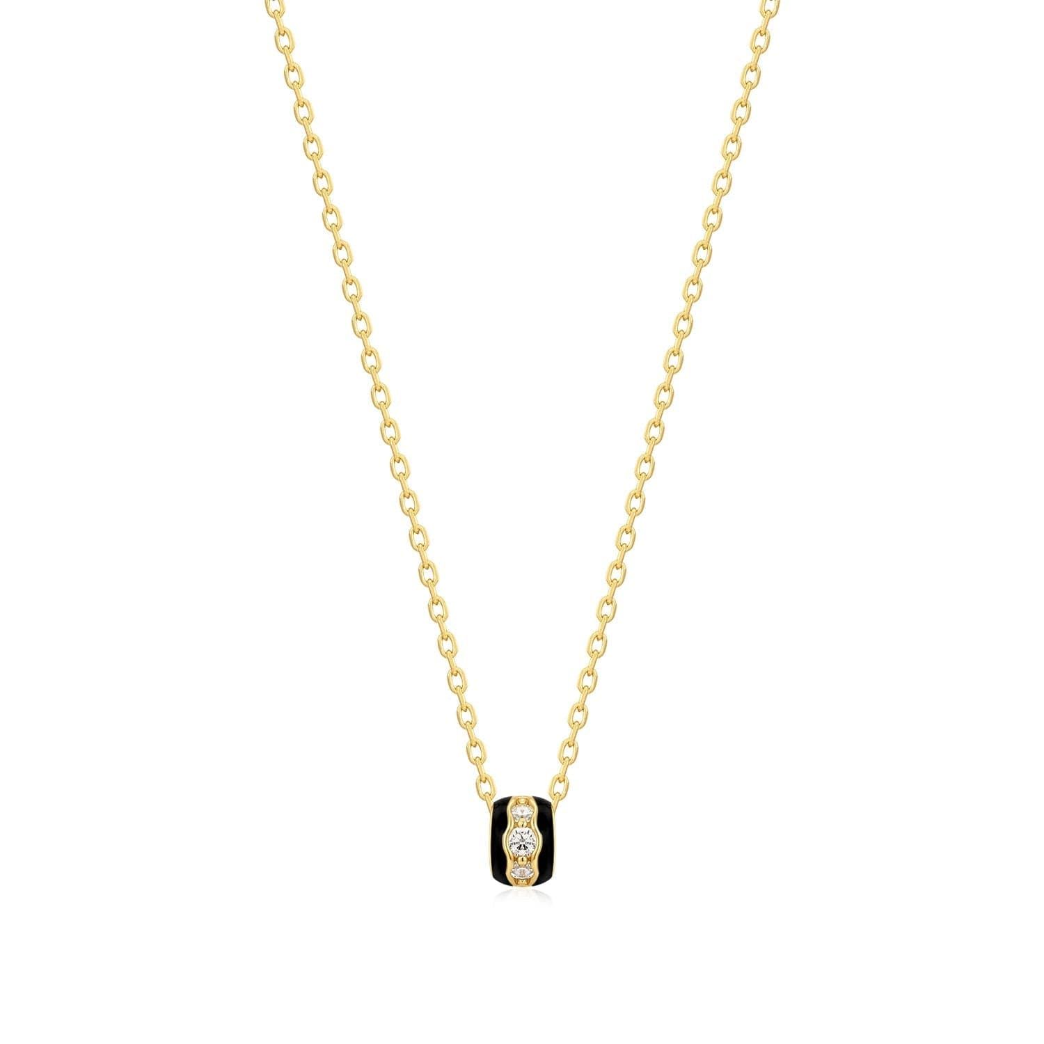 Gold chain necklace with black enamel and diamond pendant, called Black Enamel & CZ Channel Rondelle Necklace