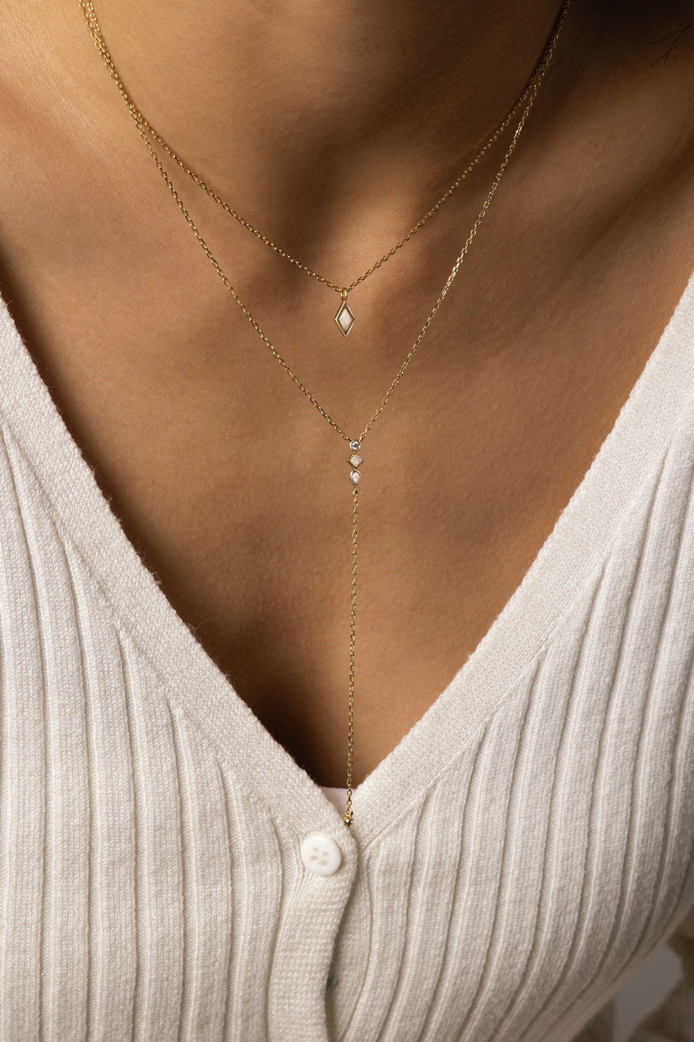 Gold layered necklace with diamond pendants from CZ & Opal Thin Chain Lariat product