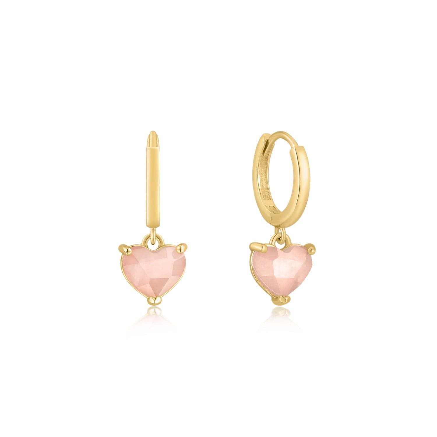 Gold hoop earrings with pink heart-shaped gemstone drops from Heather Heart Drop Huggie Hoops