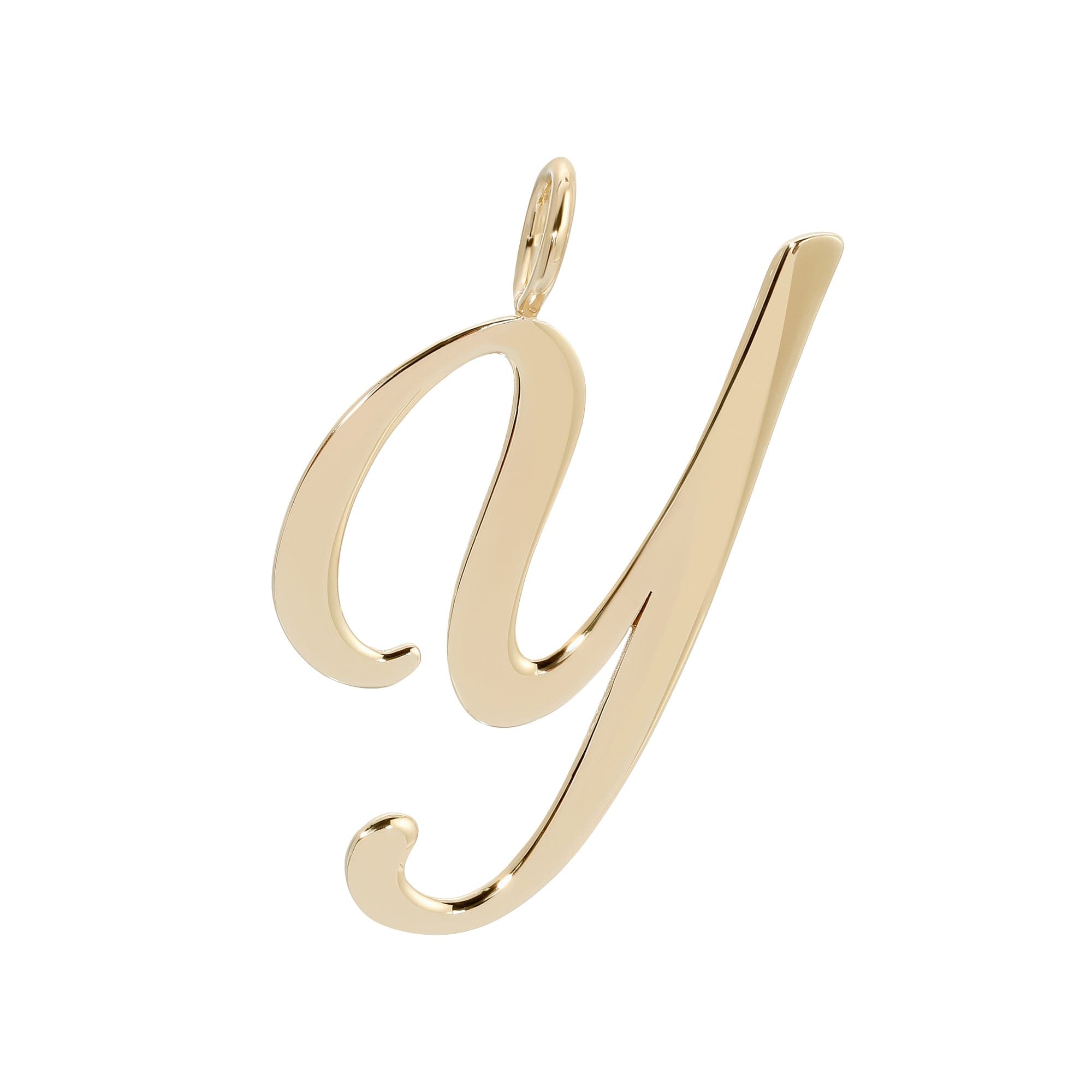 Gold cursive letter Y pendant on a necklace from Large Letter Pendants collection