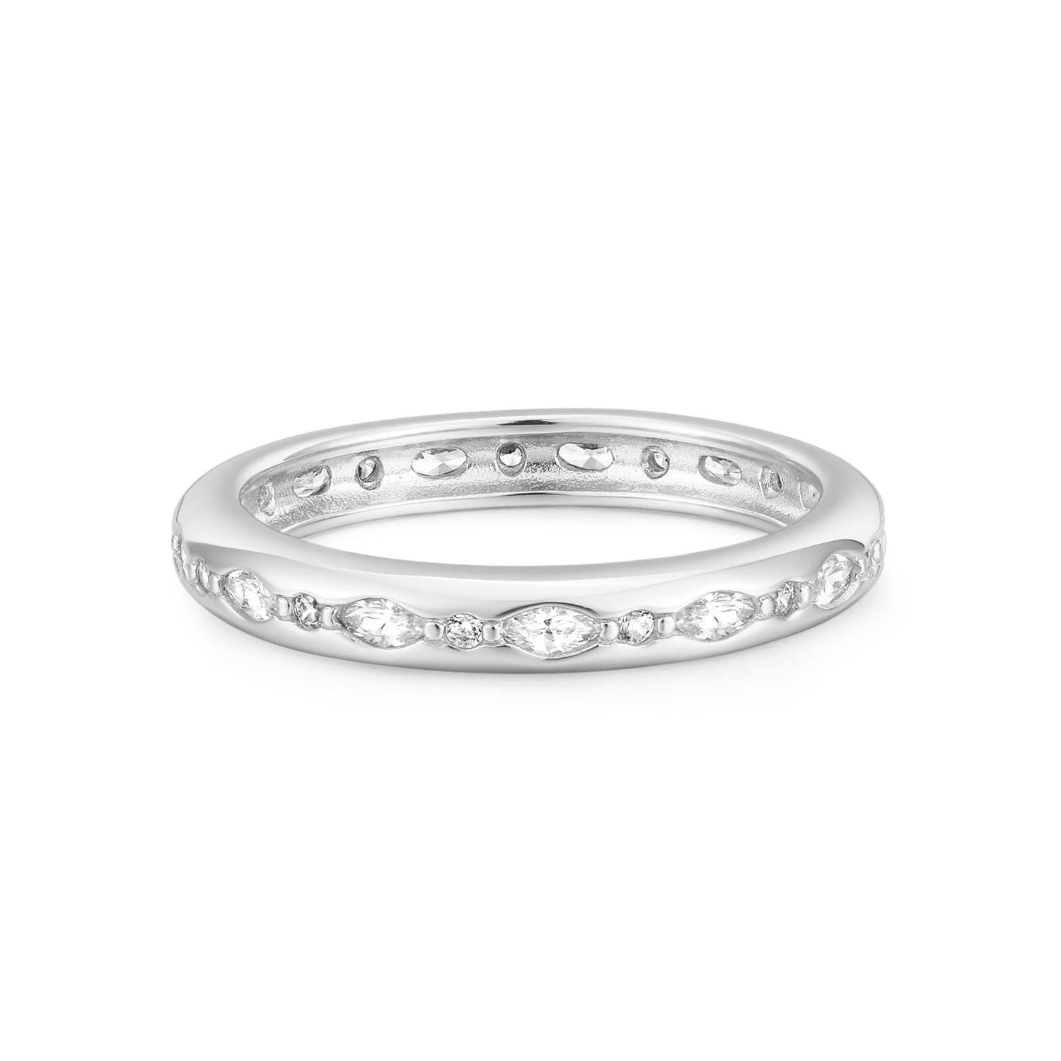 Silver eternity band with marquise diamonds in a Multi Shaped CZ Channel Ring style