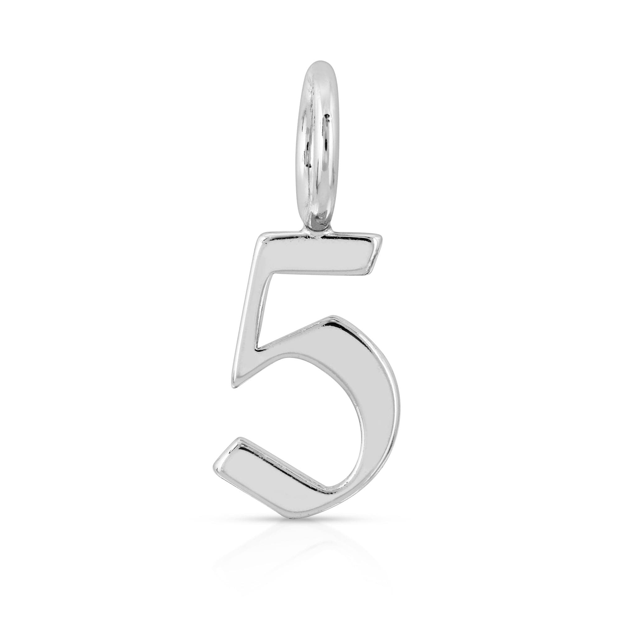 Silver number five pendant from Silver Gothic Numbers collection on a necklace