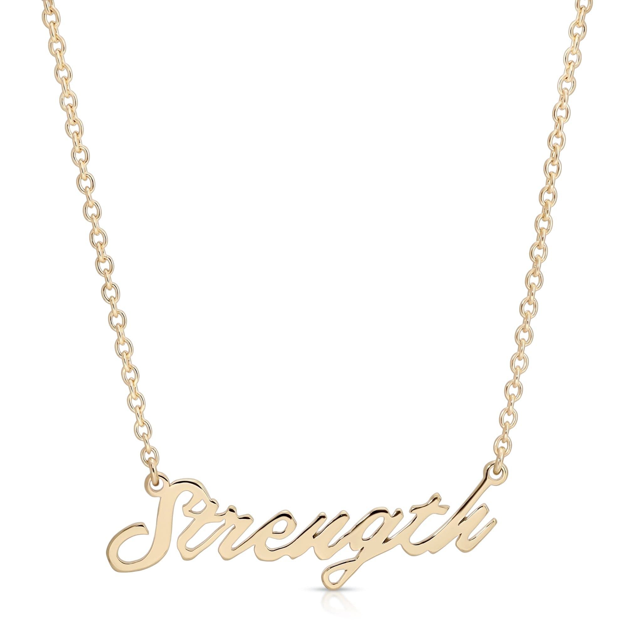 Gold Strength Necklace from the Strength Script Necklace collection showing a cool pendant