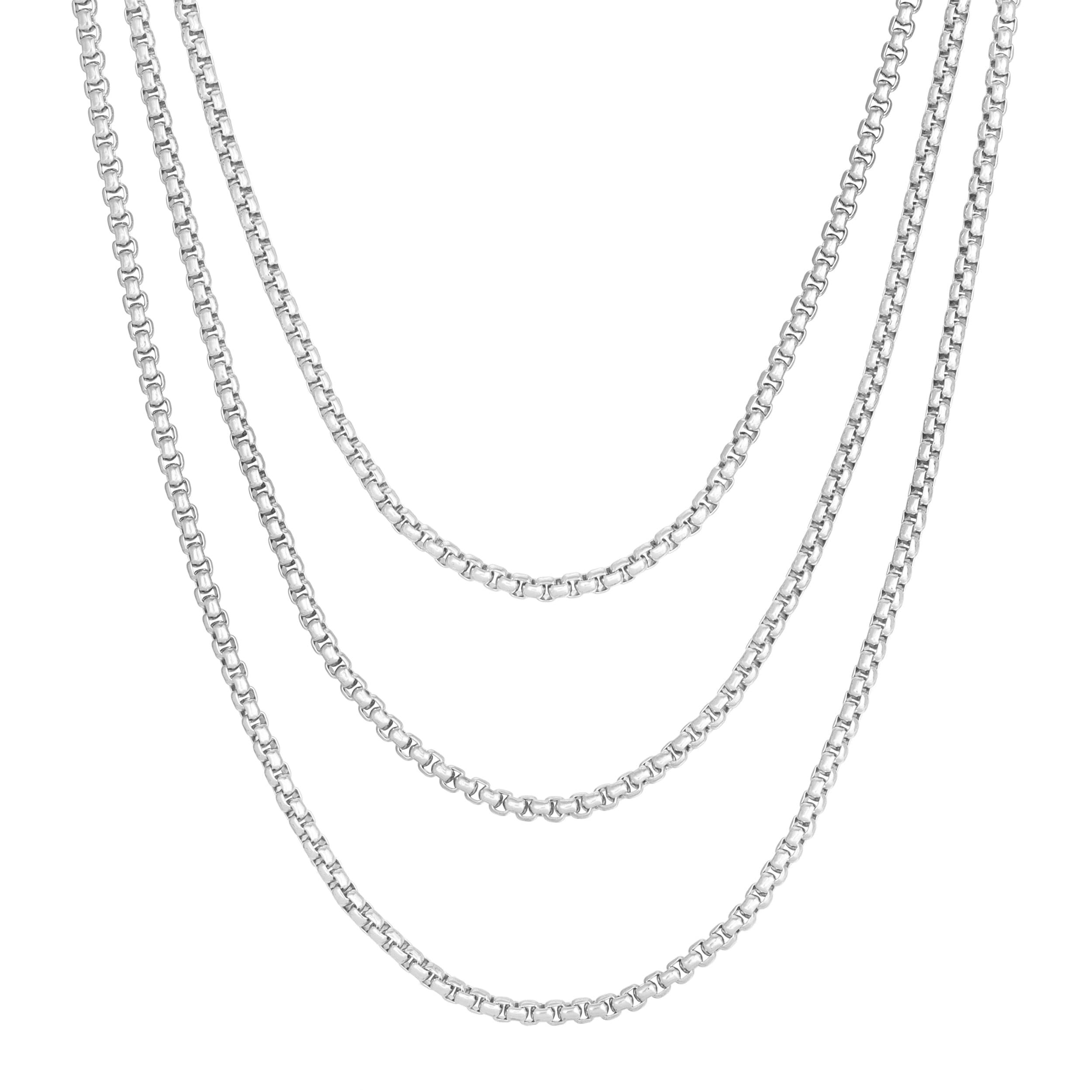 Three silver triple layer thin Luciana box chain necklaces displayed together