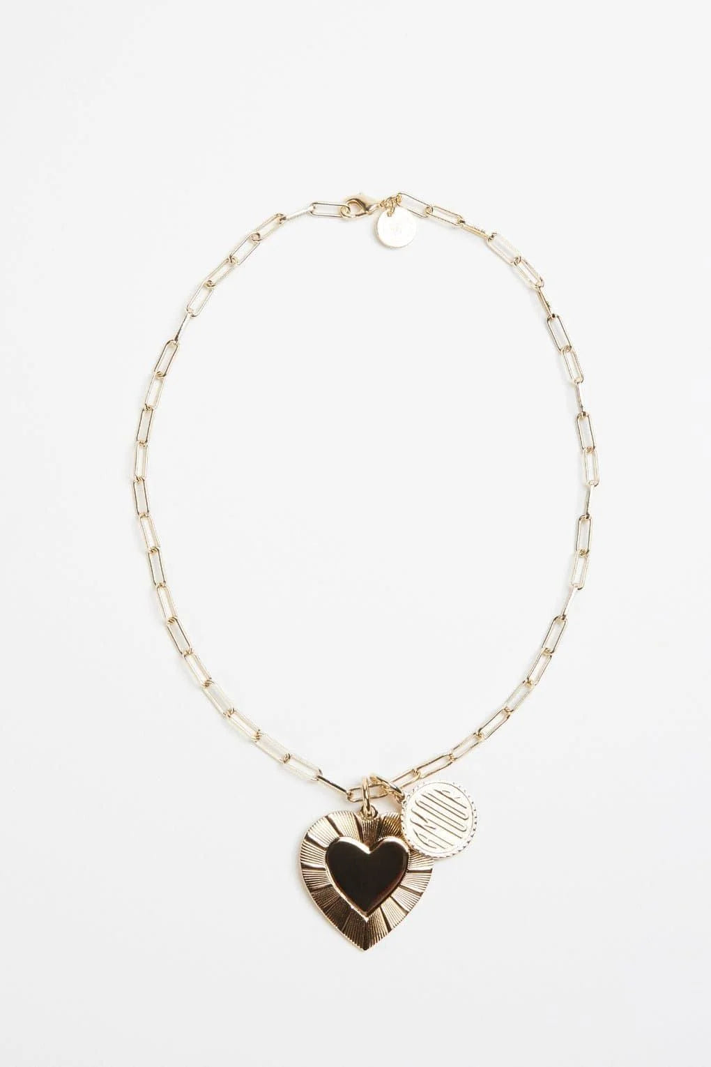 Anabelle Charm gold chain necklace with heart pendant featuring amour word, recycled brass plated