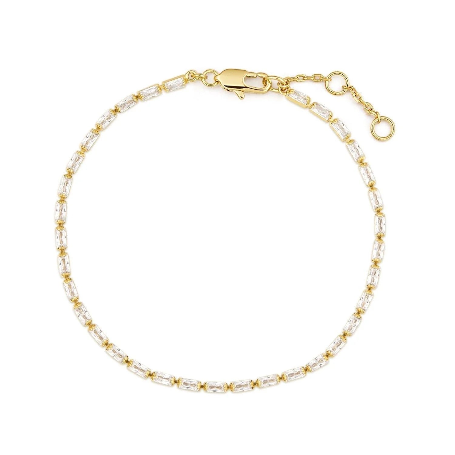 Gold Baguette CZ Tennis Bracelet with rectangular crystals and extender baguette CZs