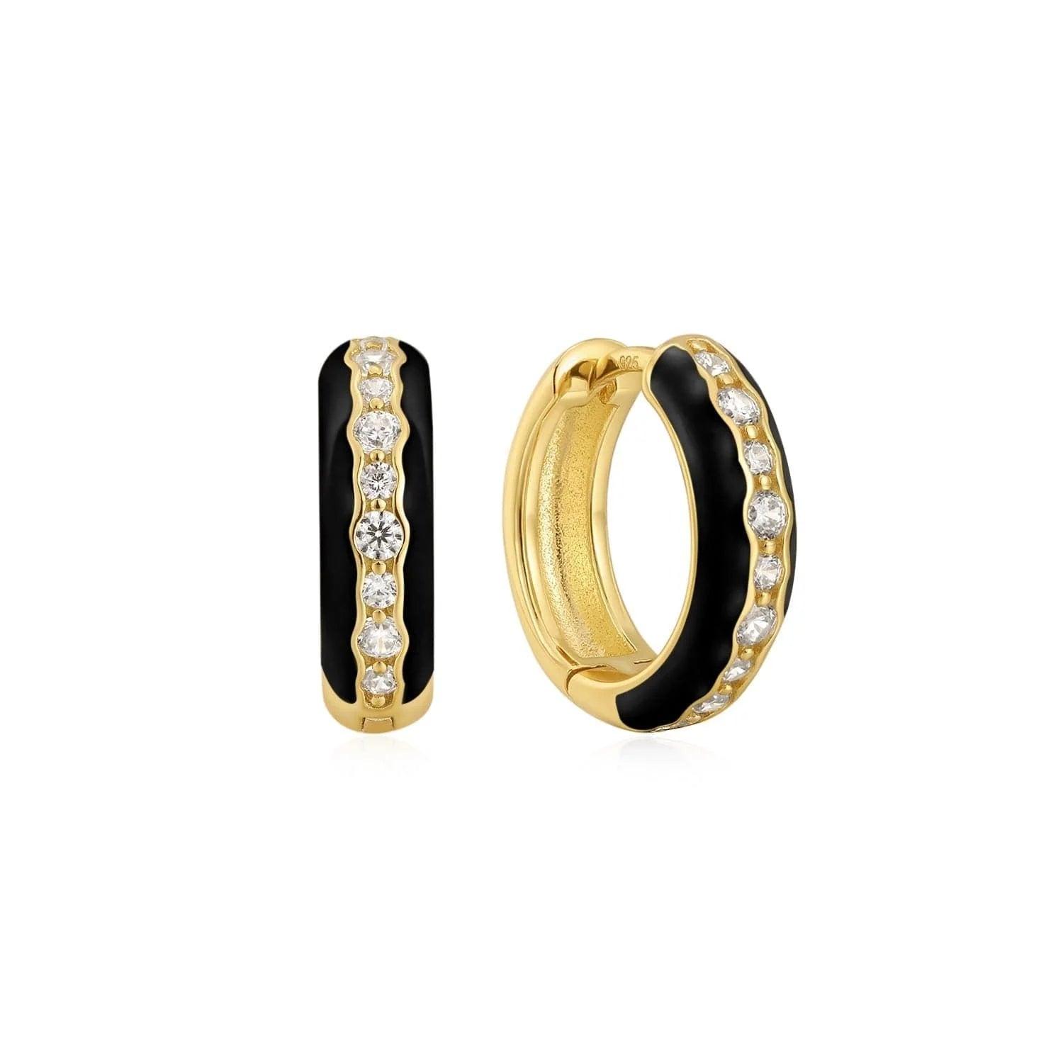 Gold hoop earrings with black enamel diamonds in 14k gold vermeil and sterling silver