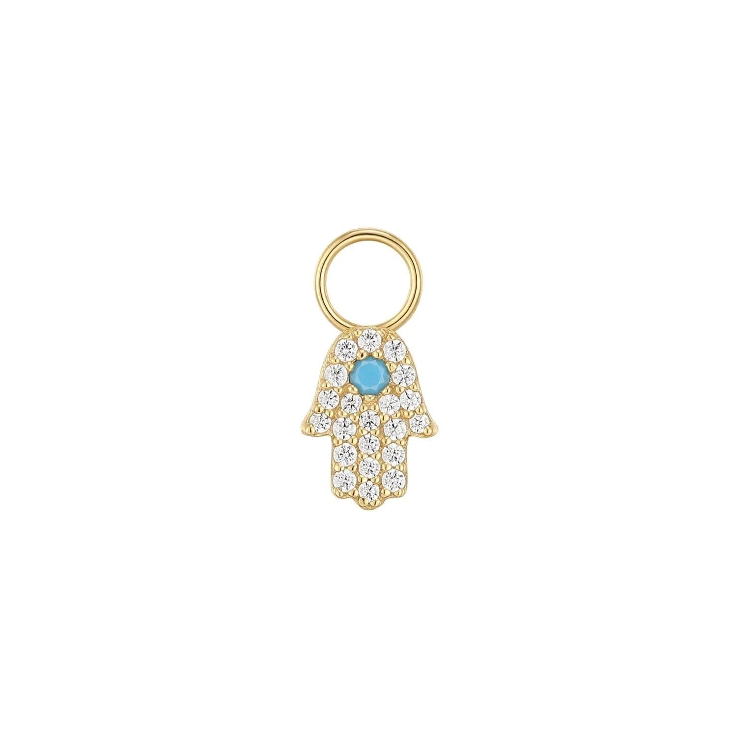 Gold Hamsa charm with turquoise center from CZ & Turquoise Hamsa Hoop Charm, perfect hoop earring charms for demi-fine collection earrings
