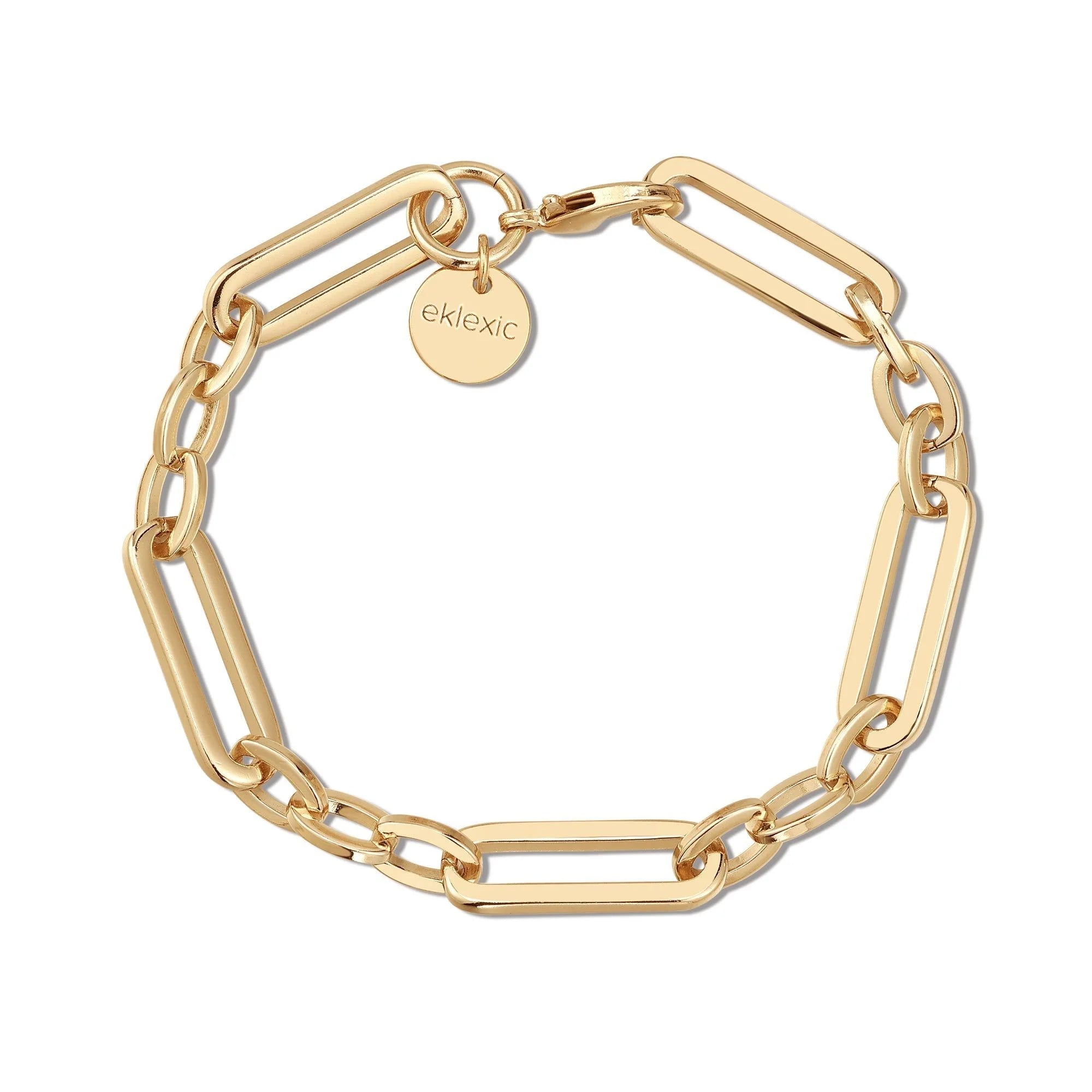 Gold chain-link Dean Bracelet featuring large multi-link chain with 8mm wide largest links