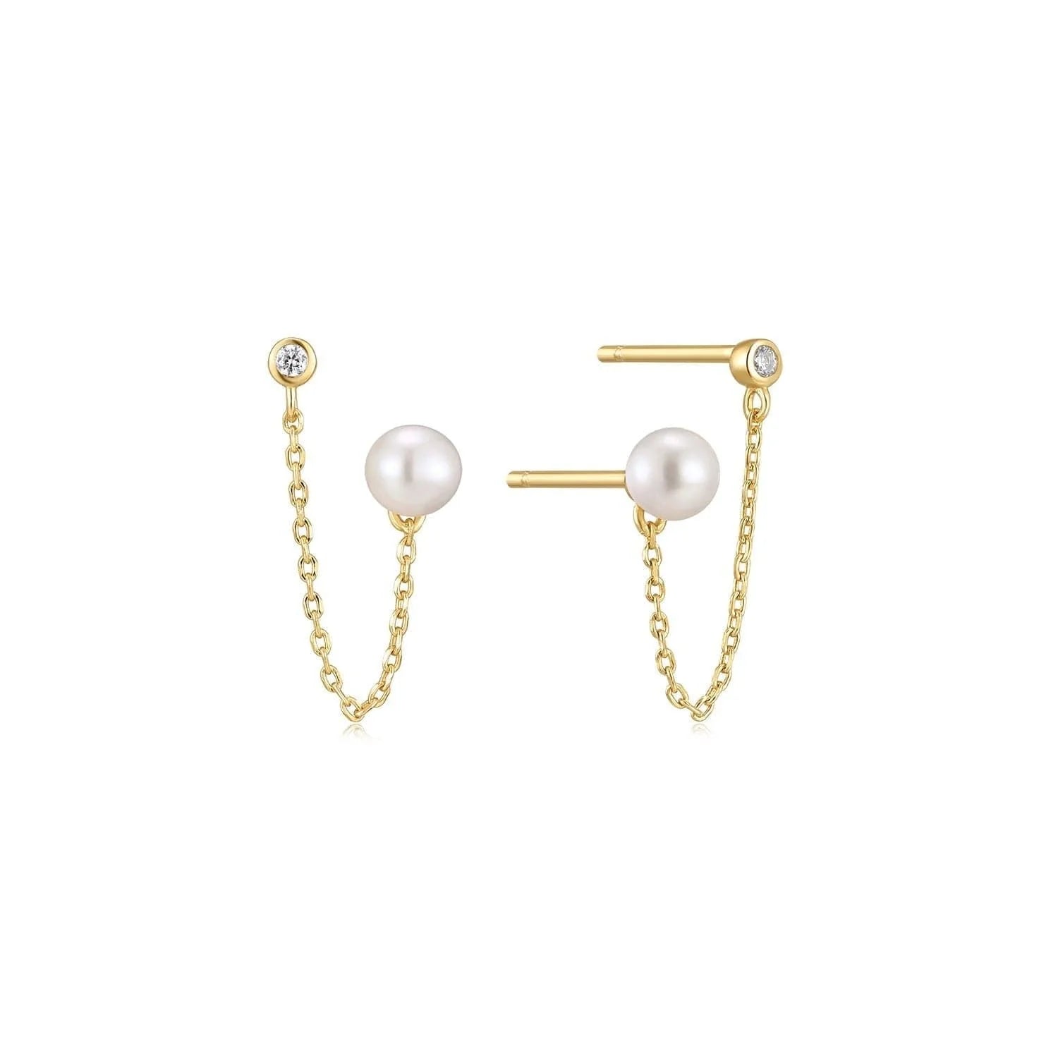 Gold vermeil chain with pearl and diamond accents in Double CZ & Pearl Chain Link Earrings