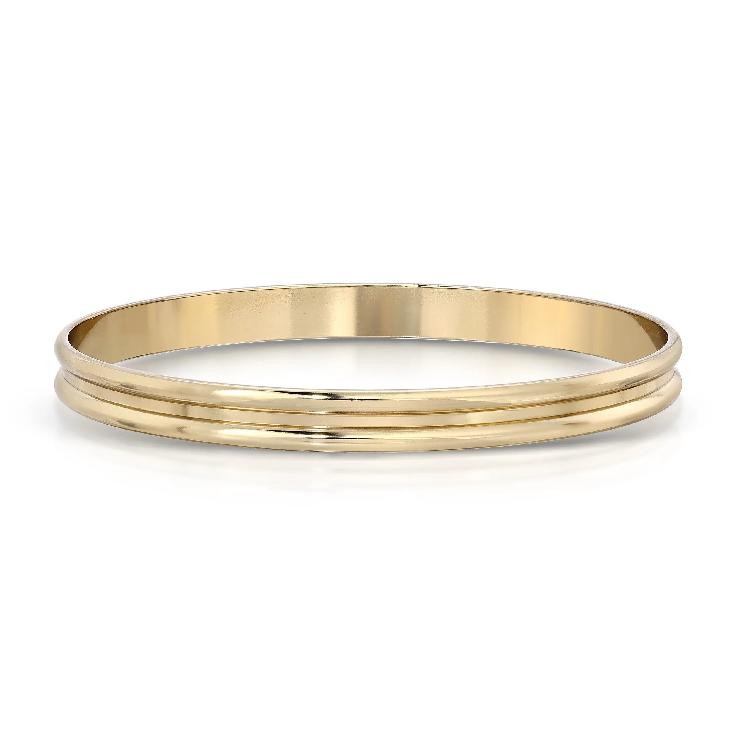 Gold-colored double domed bangle bracelet in 14k gold with ecoat finish, wide gold bangle