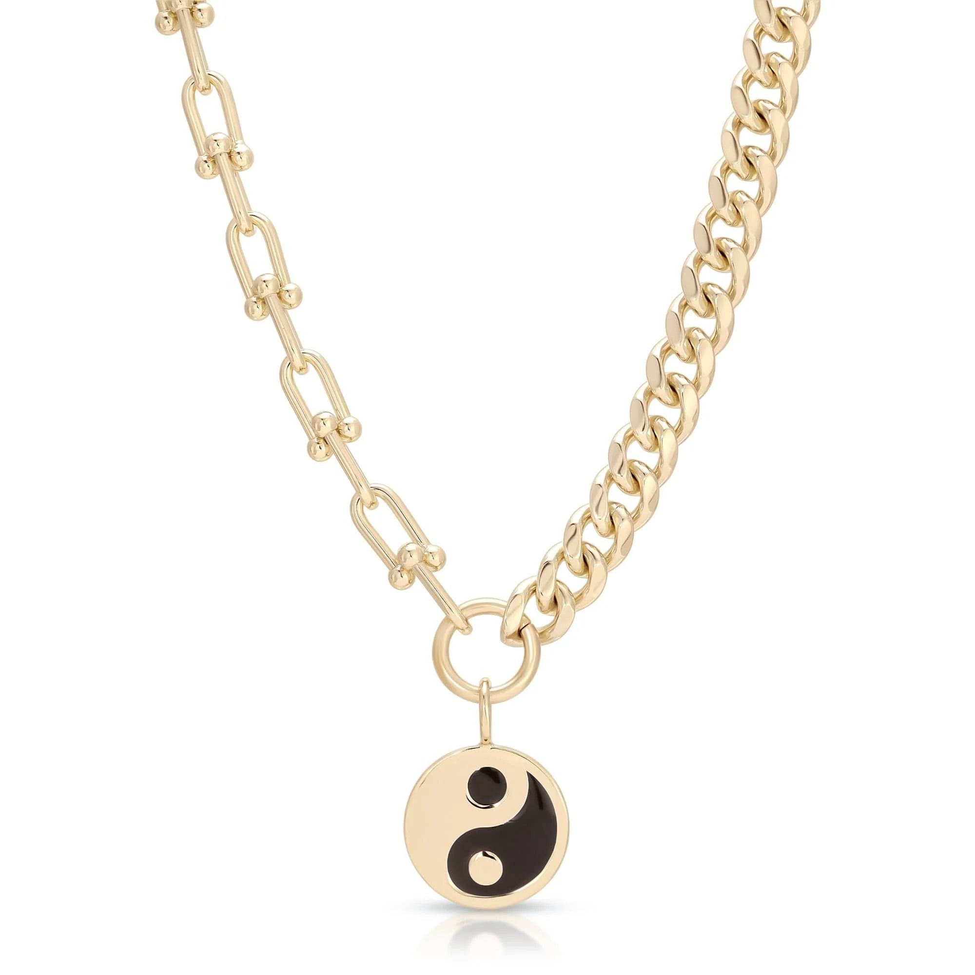 Gold dual chain necklace with black enamel yin yang pendant for elegant style