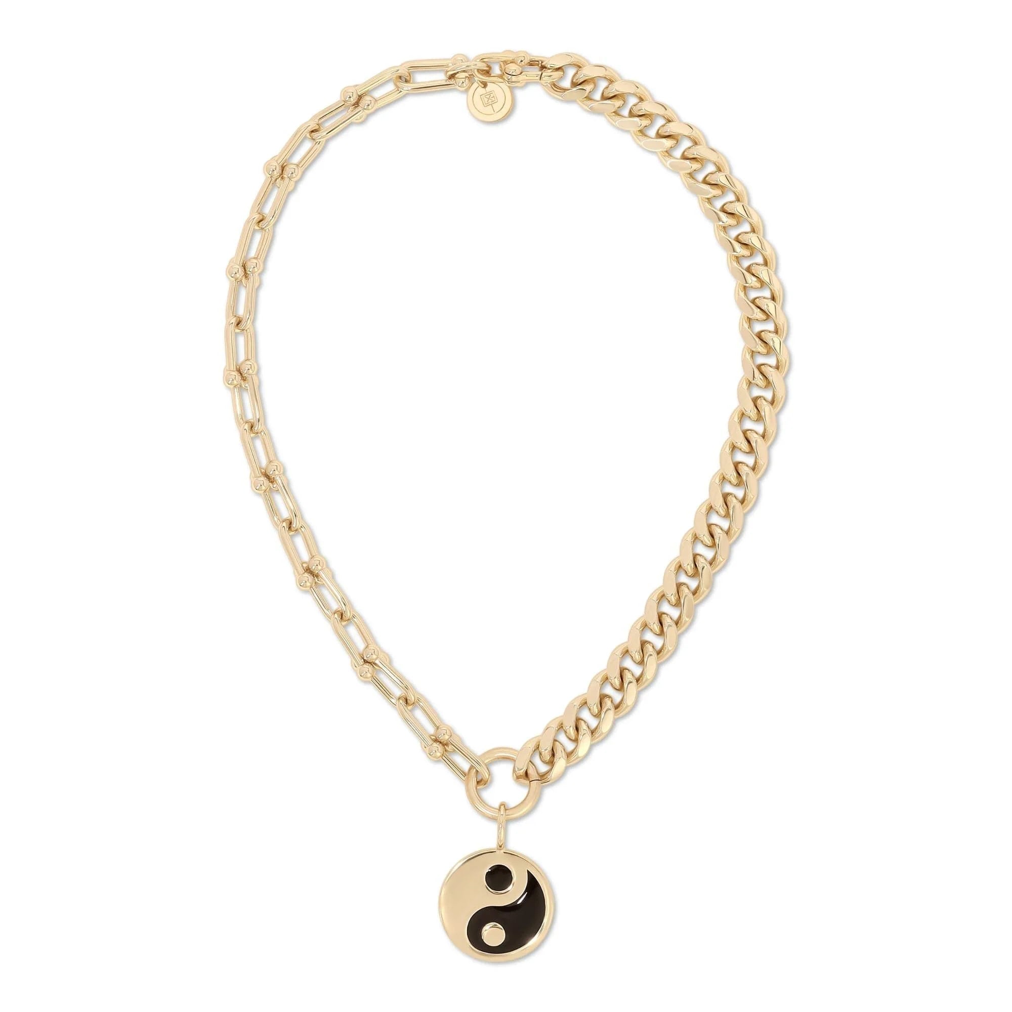 Gold-toned dual chain necklace with black enamel yin yang pendant for stylish accessories
