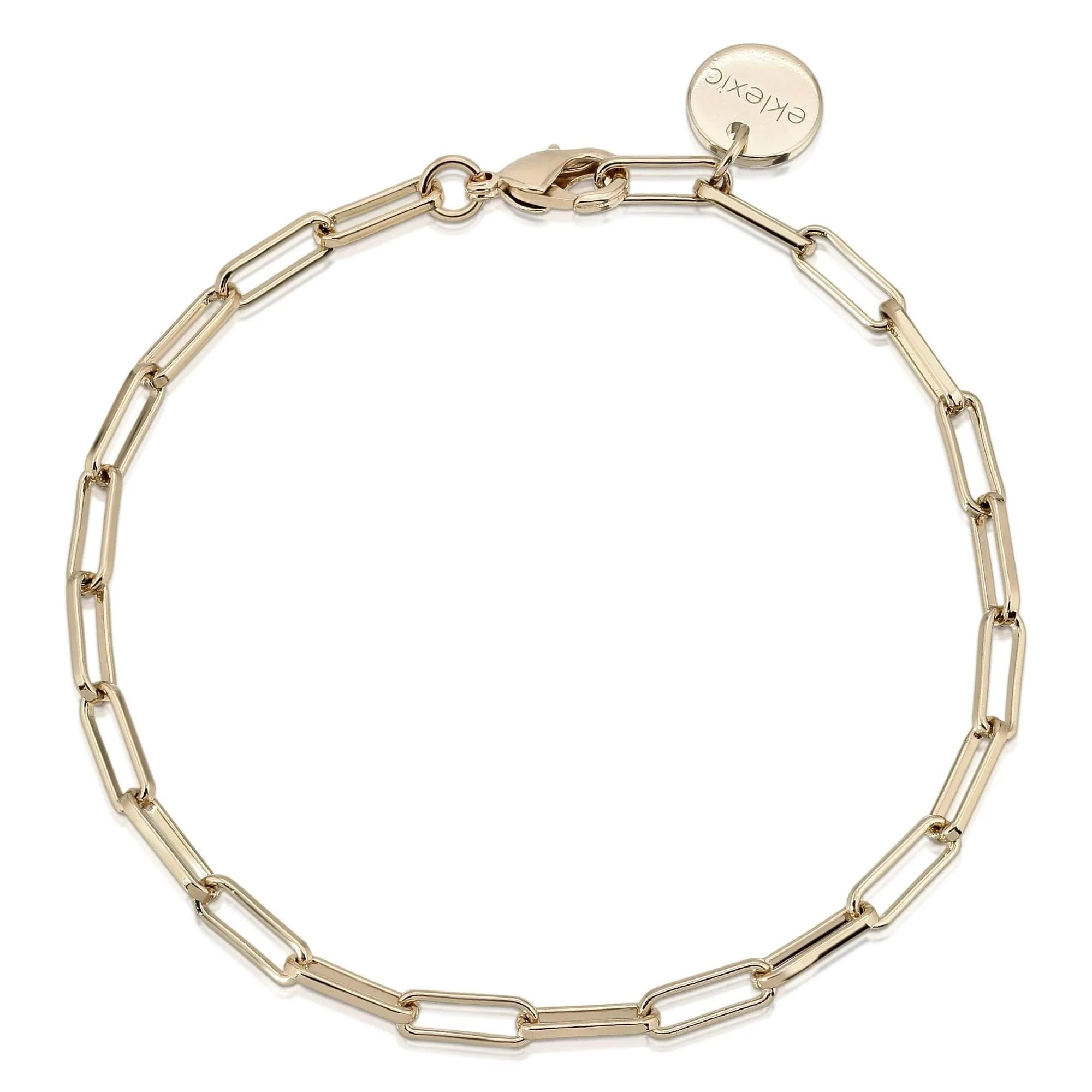 Gold-toned Elongated Link Chain Bracelet with Circular Charm and brass paper clip accents
