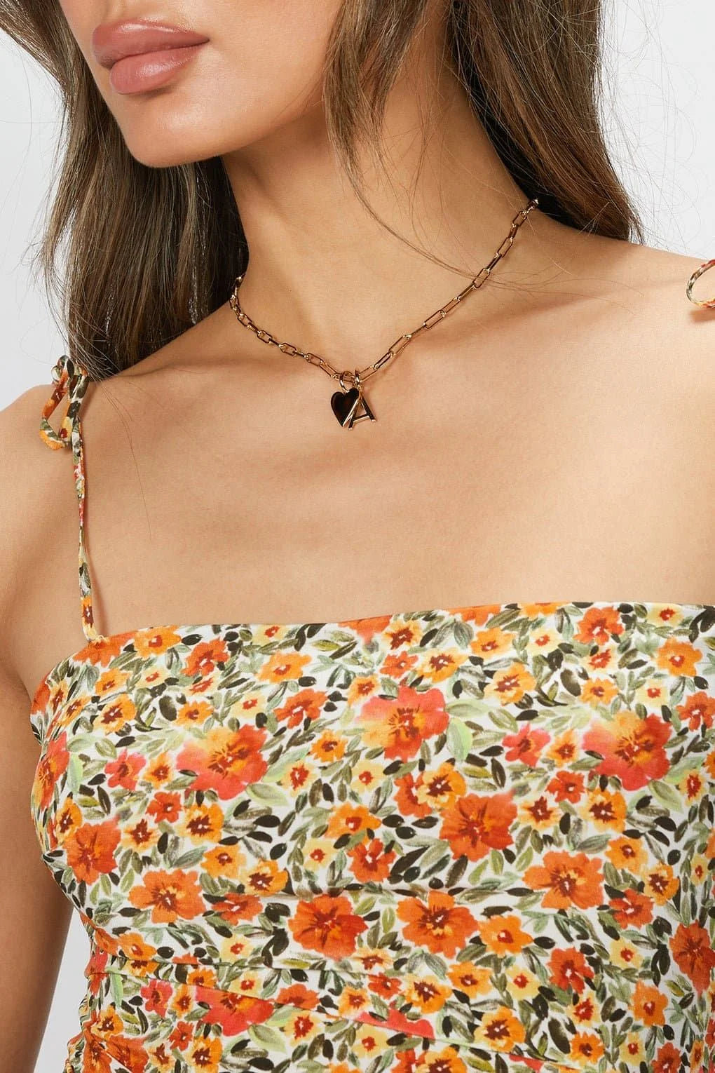 Floral print dress from Essential Letters with essential letter charms, recycled brass plated letters 15mm