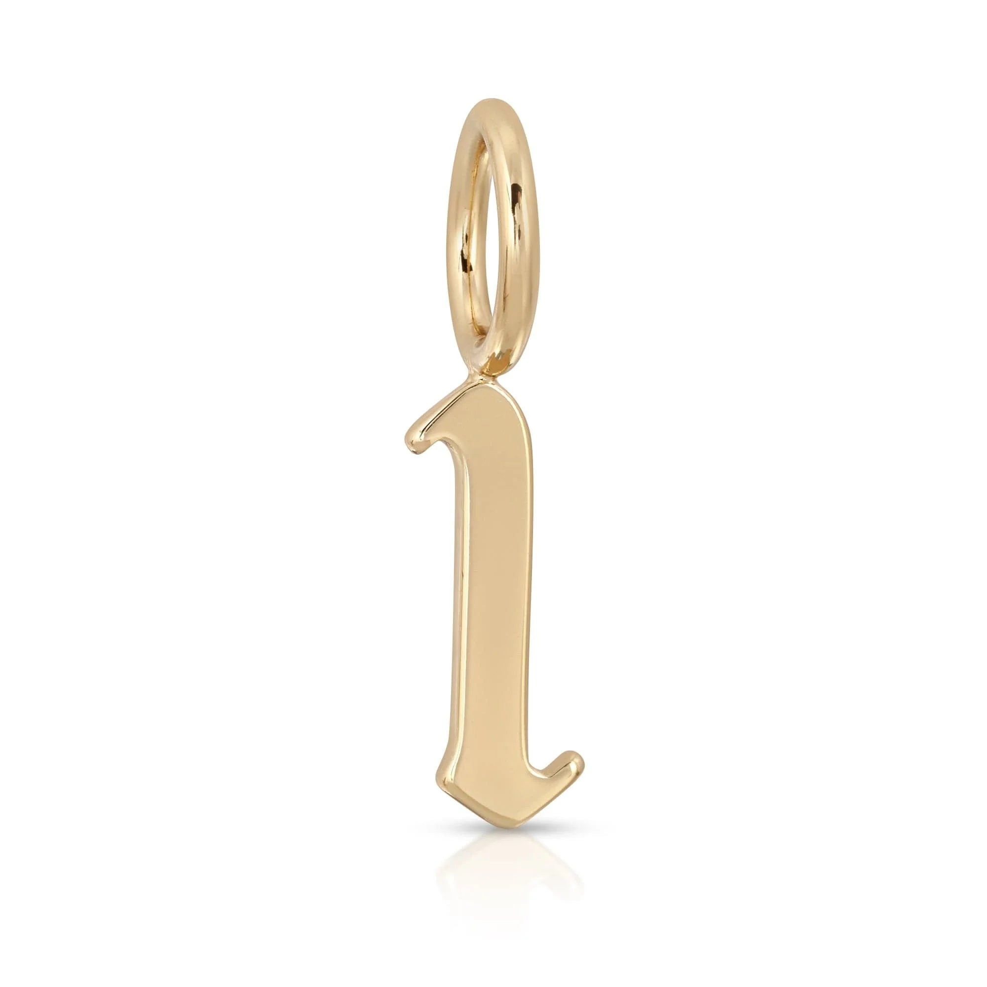 Gold lowercase l pendant from Gothic Numbers, recycled brass plated charms measure 17mm