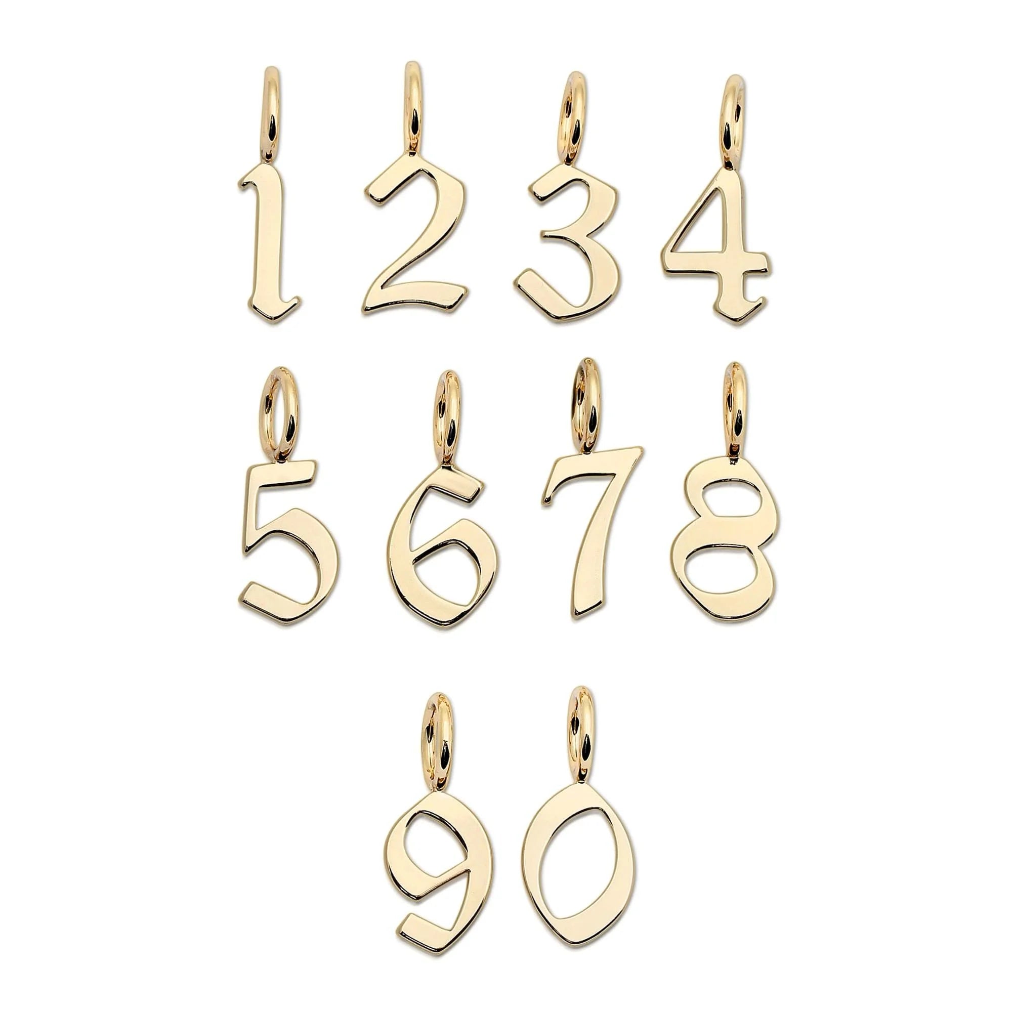Gold number charm pendants from Gothic Numbers, recycled brass plated, charms measure 17mm