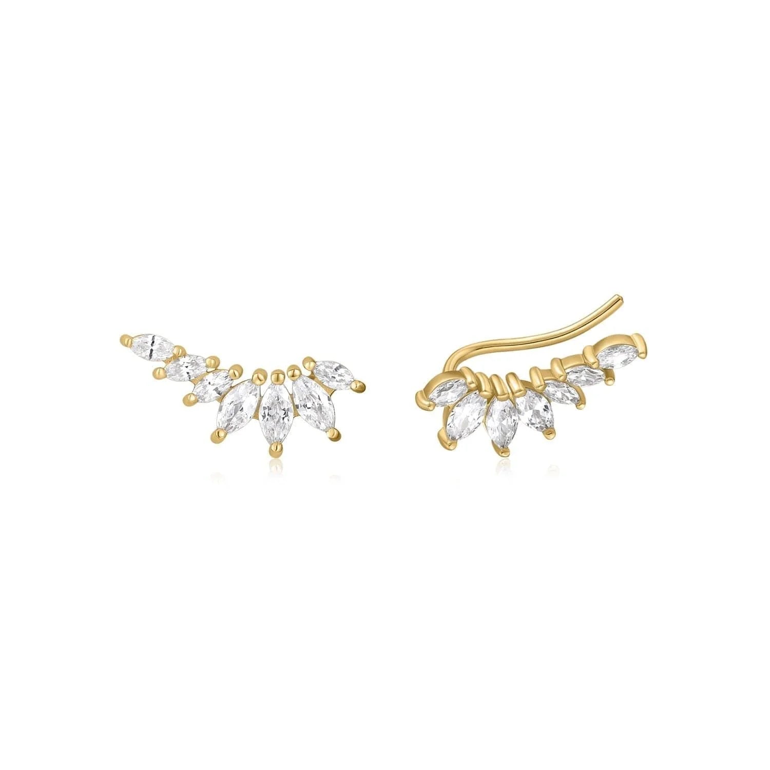 Gold and crystal ear climbers featuring marquis shaped design, perfect for silver ear crawl style