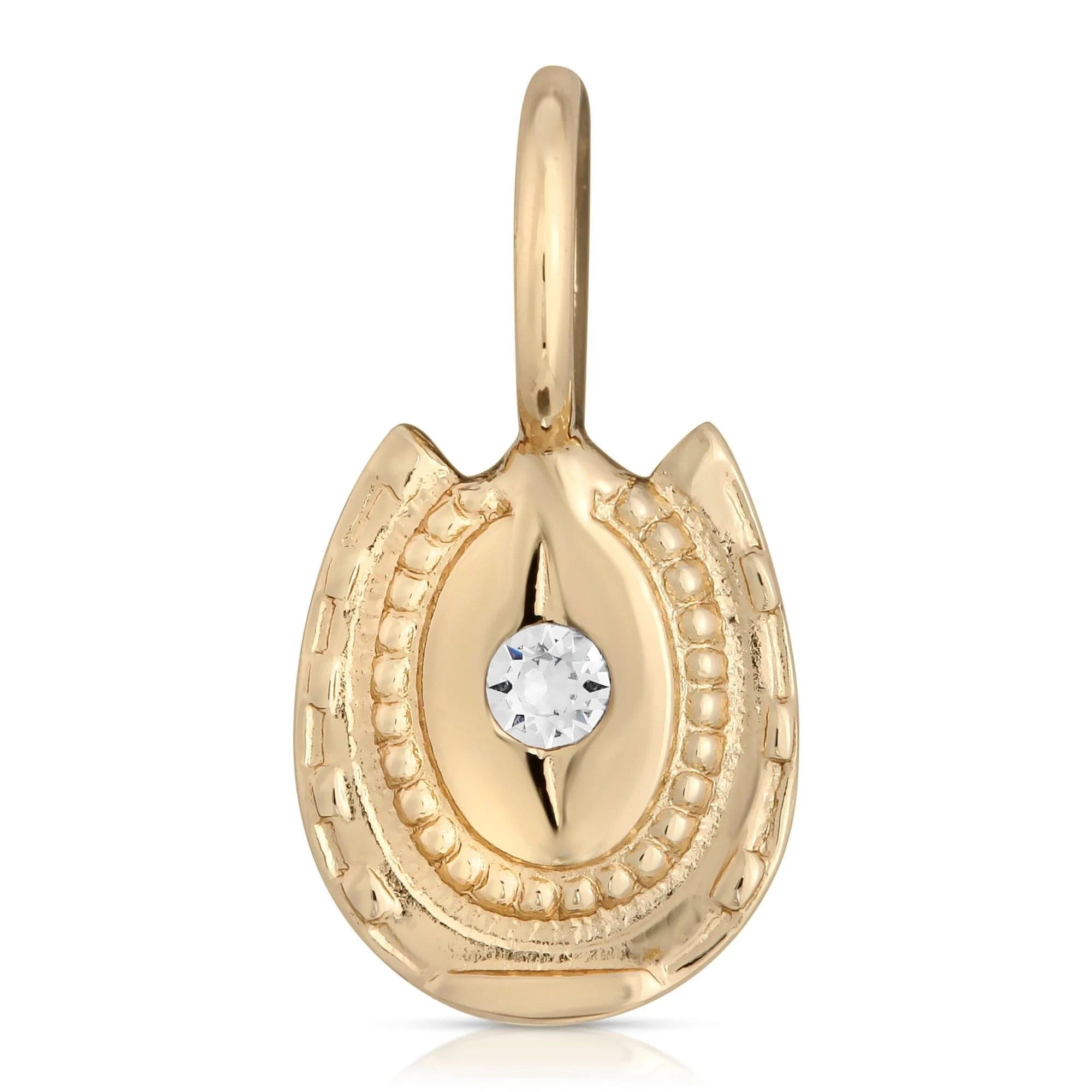 Harlow Charm gold horseshoe pendant with brass plated 14k finish and center stone