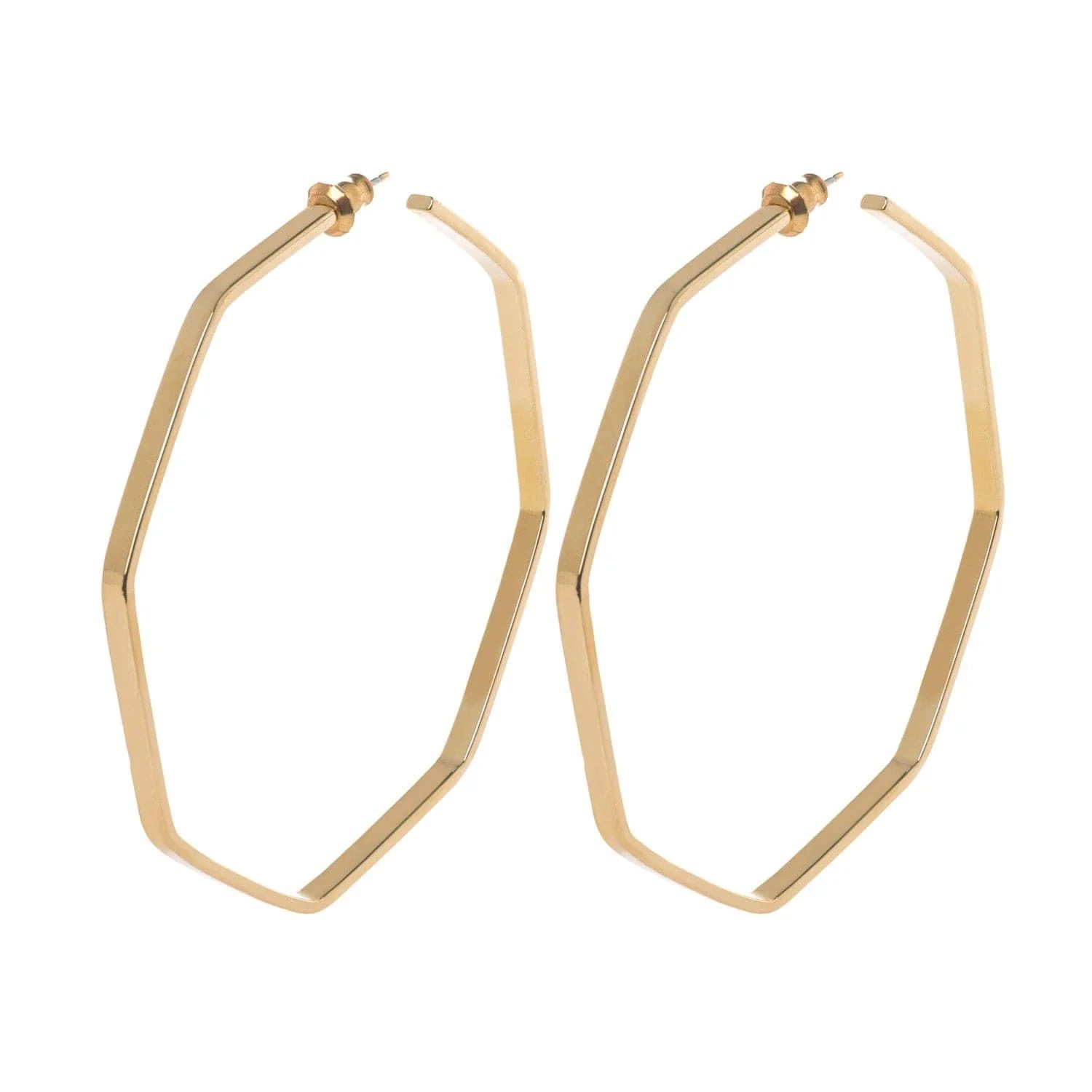 Pair of gold geometric hoop earrings featuring a wide brass octagon shape in the Jerry Hoops collection