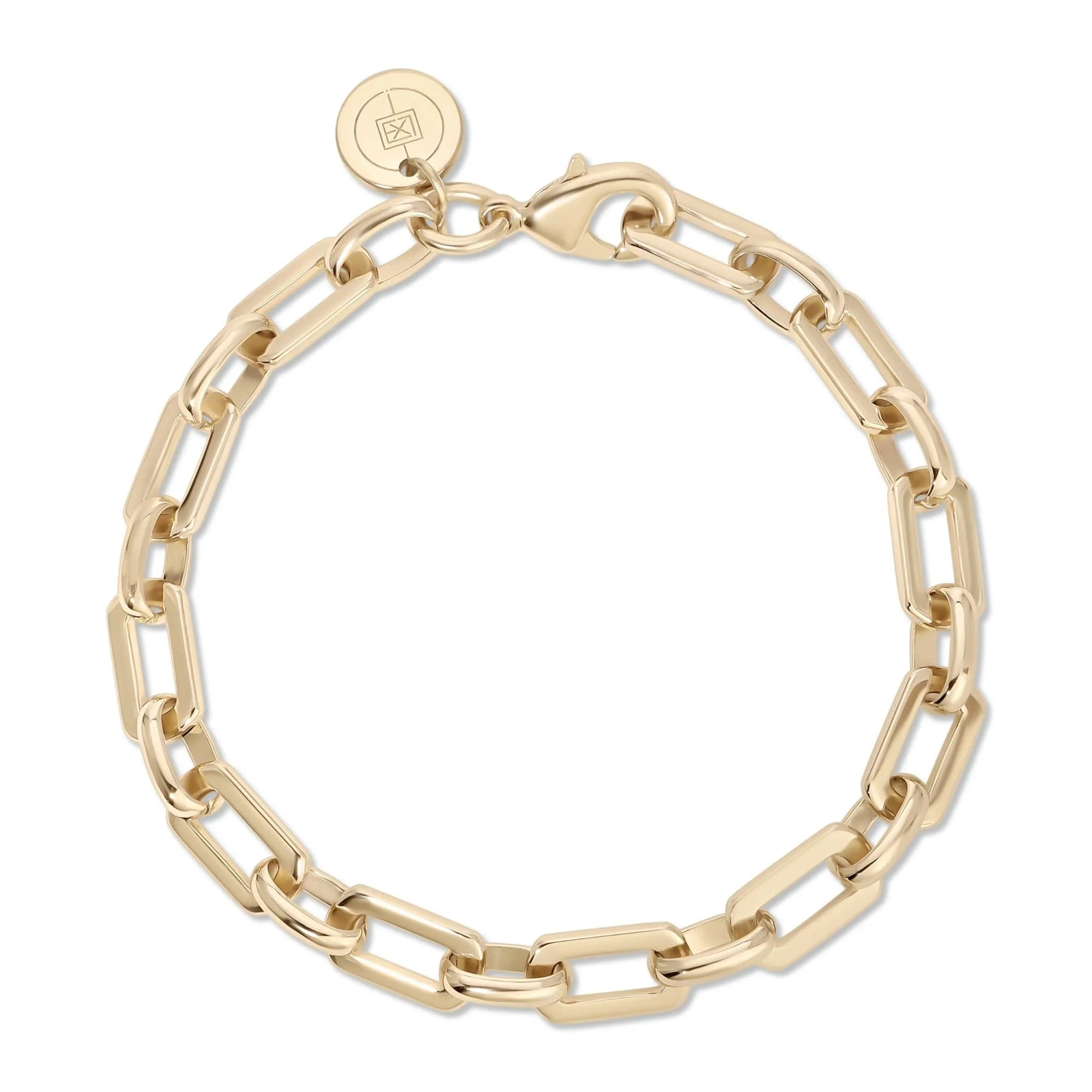 Gold-toned chain link bracelet made with recycled brass and 14k gold rhodium plating