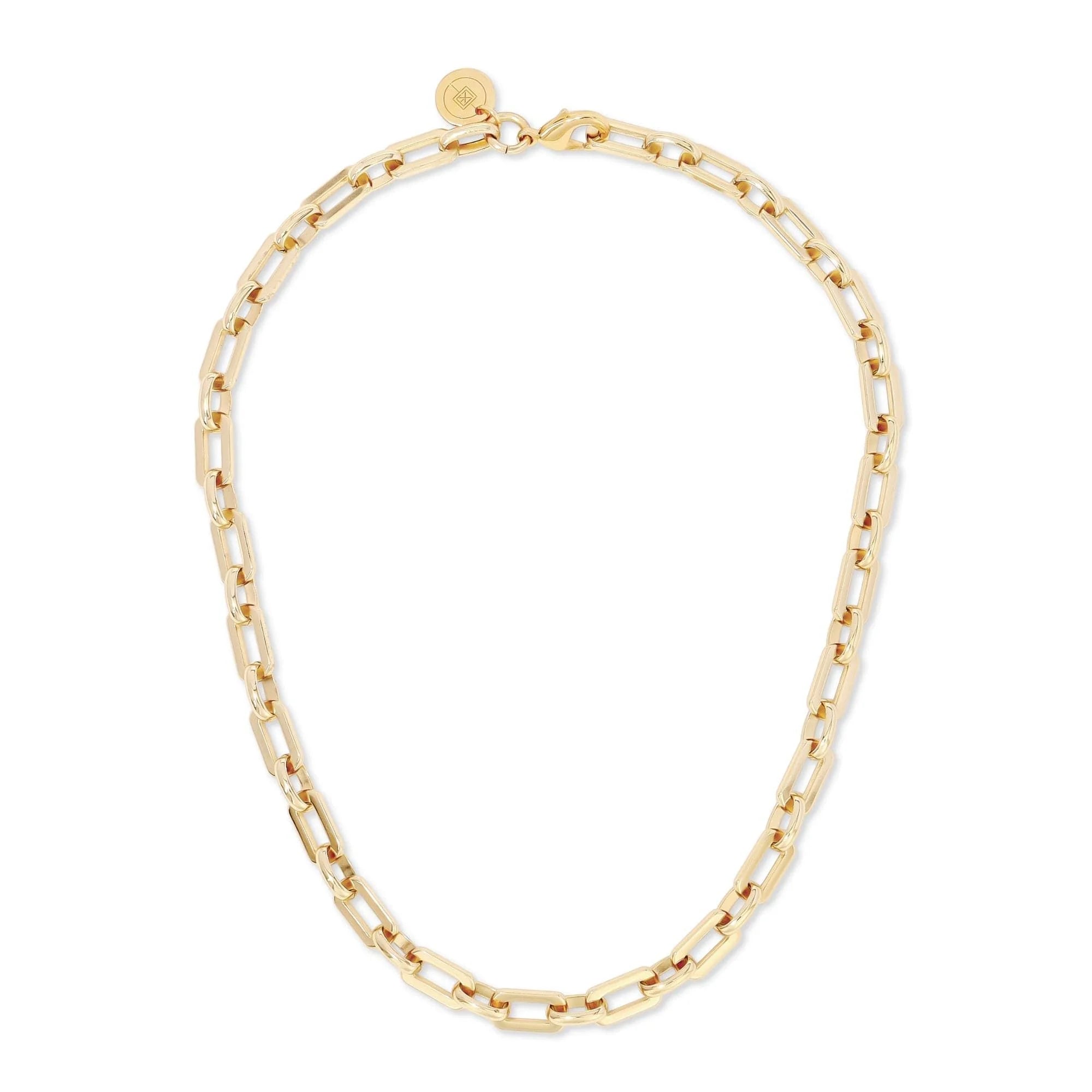 Gold-toned chain link necklace with 14k gold plating and recycled brass finishes