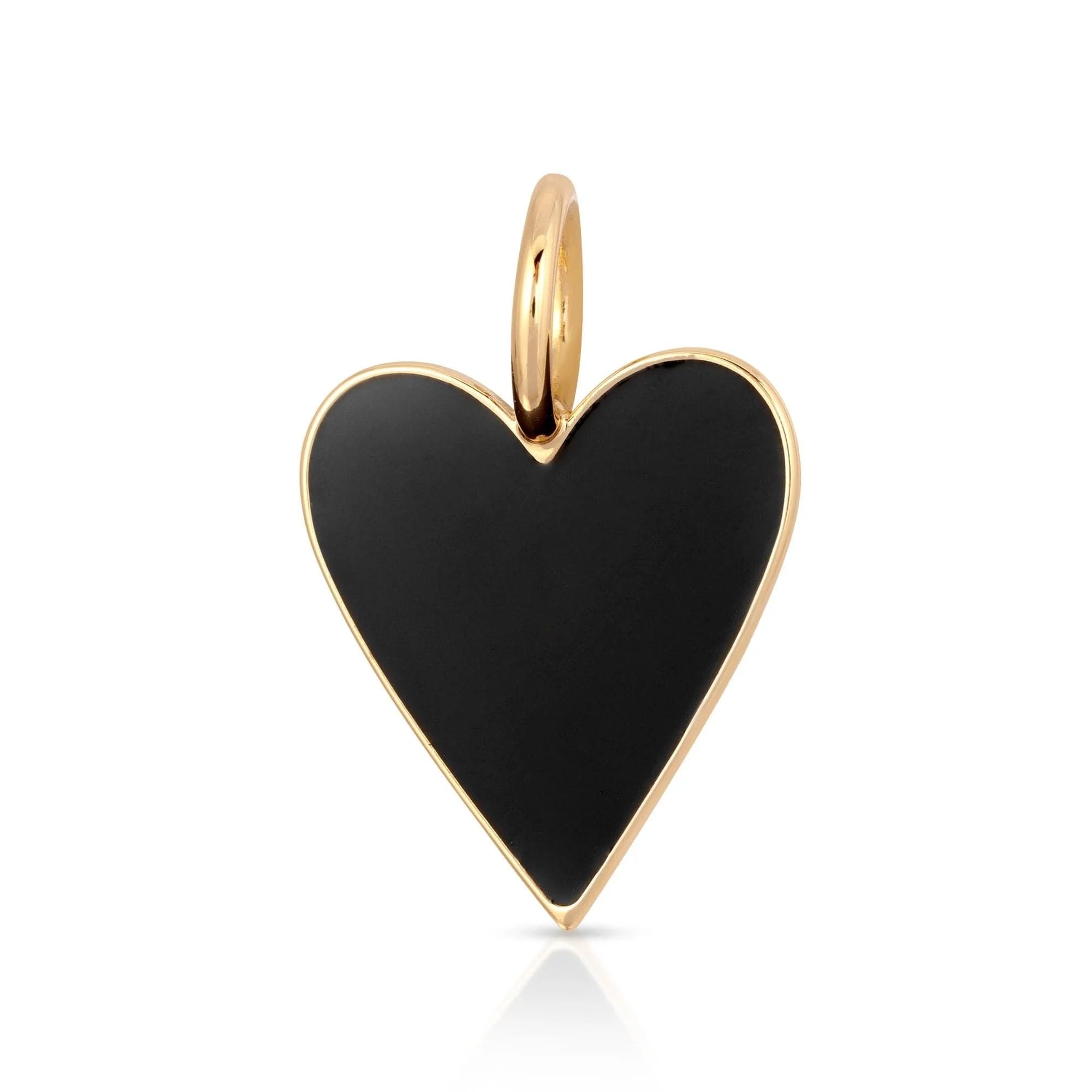 Black heart pendant with gold trim on Medium Enamel Helena Pendant necklace featuring elongated link chain