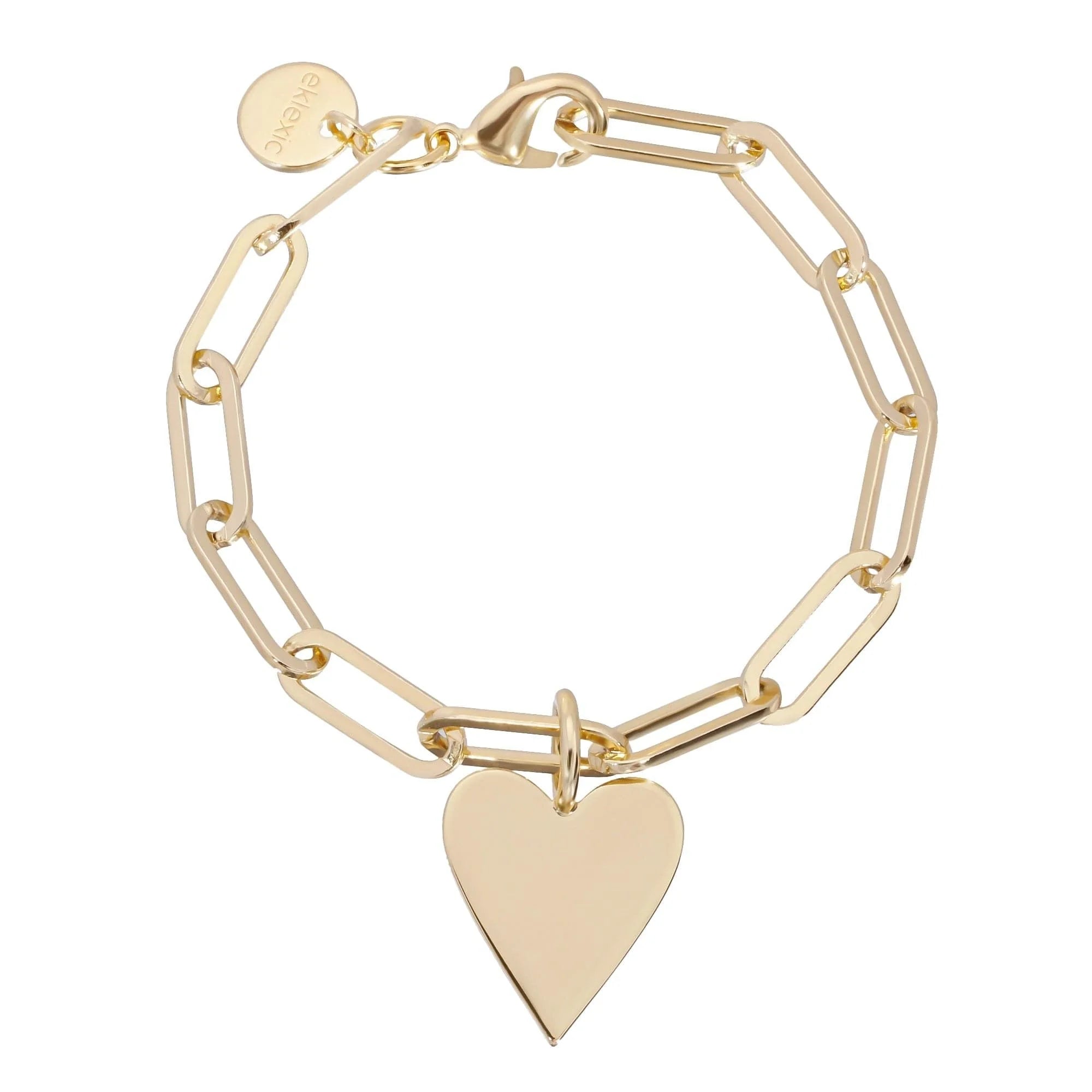 Gold-toned elongated link chain bracelet with heart charm and small Helena charm