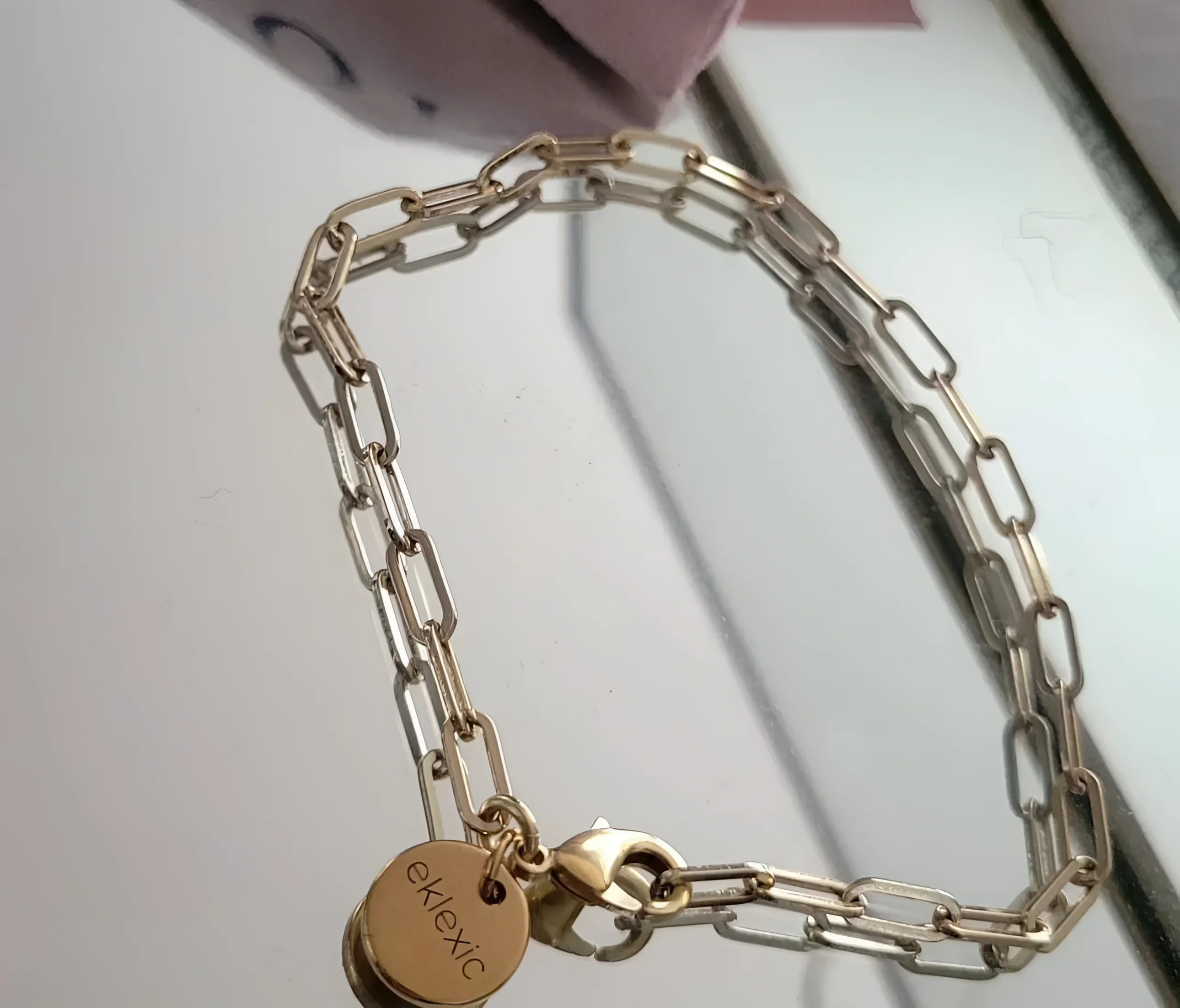 Medium Link Chain Bracelet featuring recycled brass chain and circular 14k gold charm