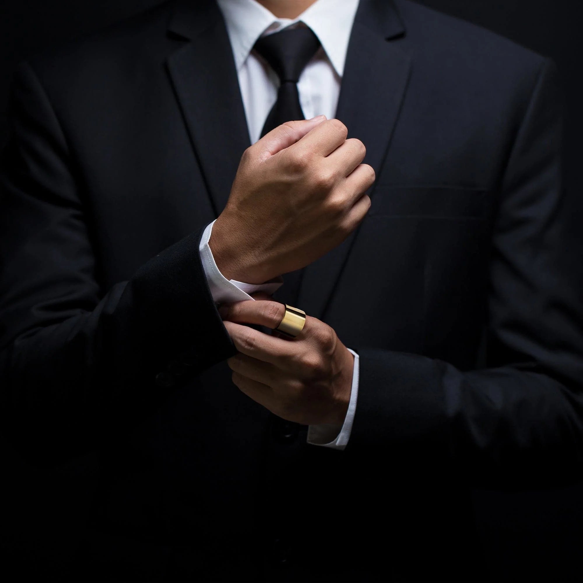 Men’s Thick Flat Ring in black suit featuring a wide recycled brass ring, inch wide recycled brass jewelry